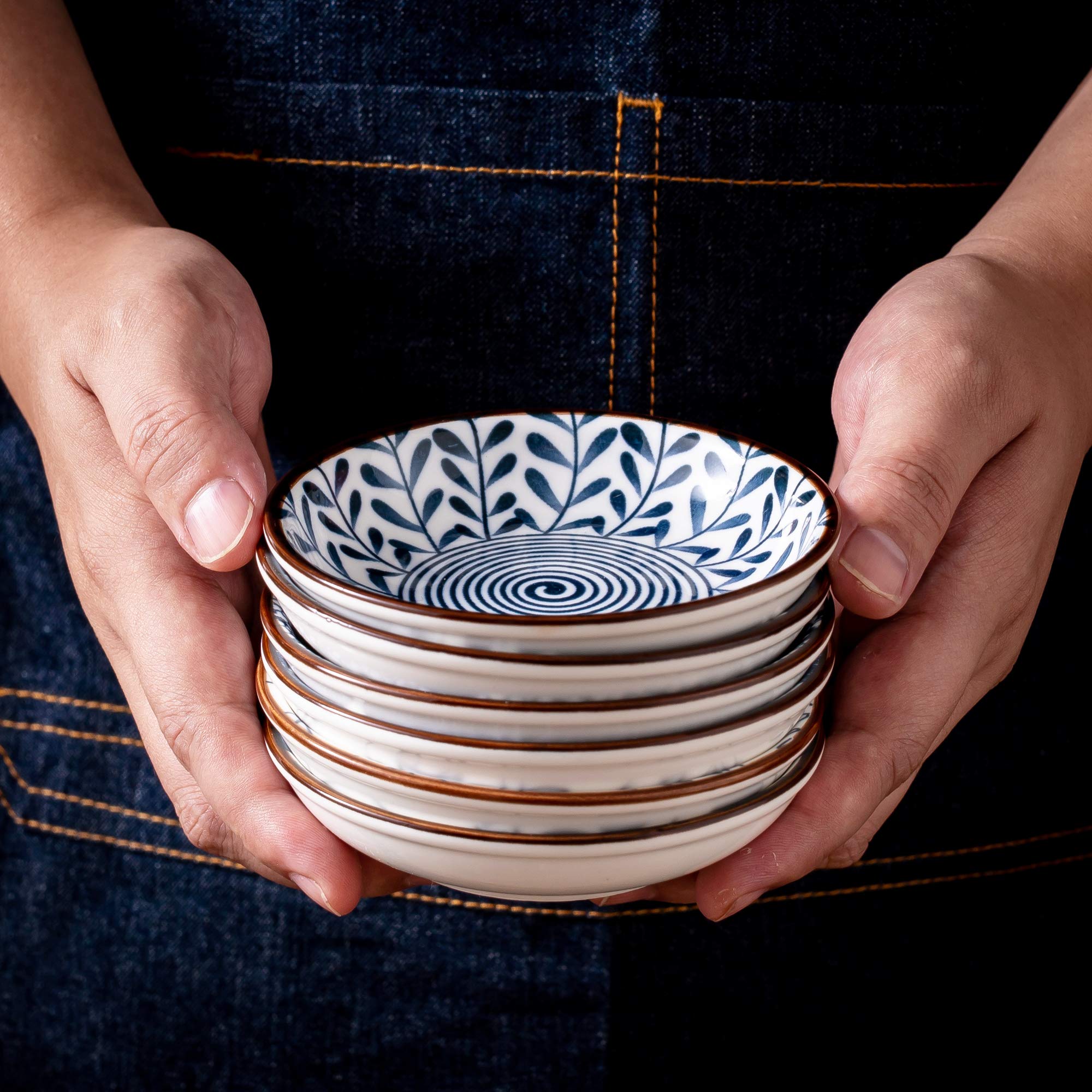 Swuut Ceramic Dipping Bowls Set of 6, 4" Blue and White Soy Sauce Dishes for Sushi, Snack, and Dip - KYB001