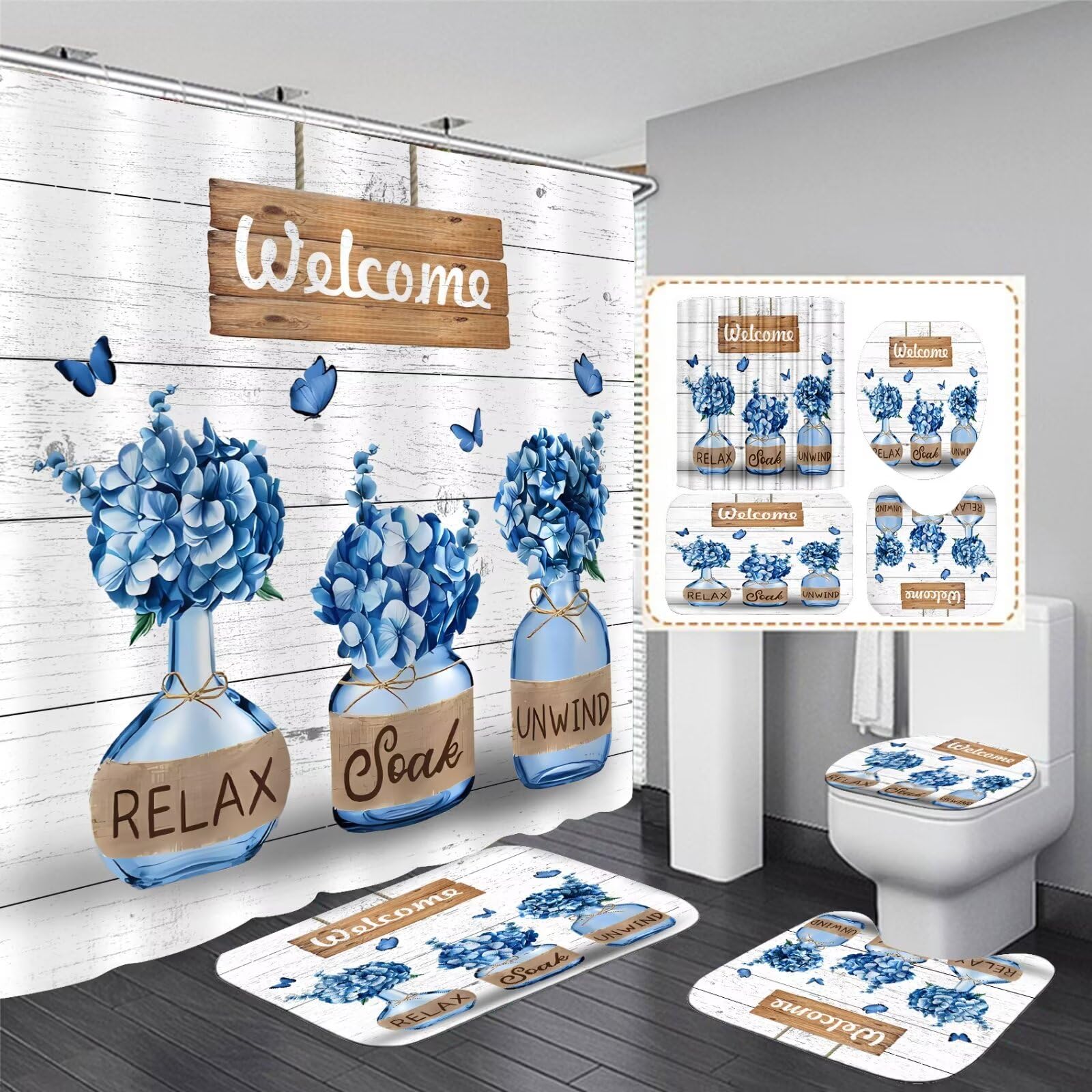 Azhm Blue Hydrangea Shower Curtain Sets For Bathroom 4 Pcs Welcome Bathroom Sets With Shower Curtains And Rugs And Accessories F