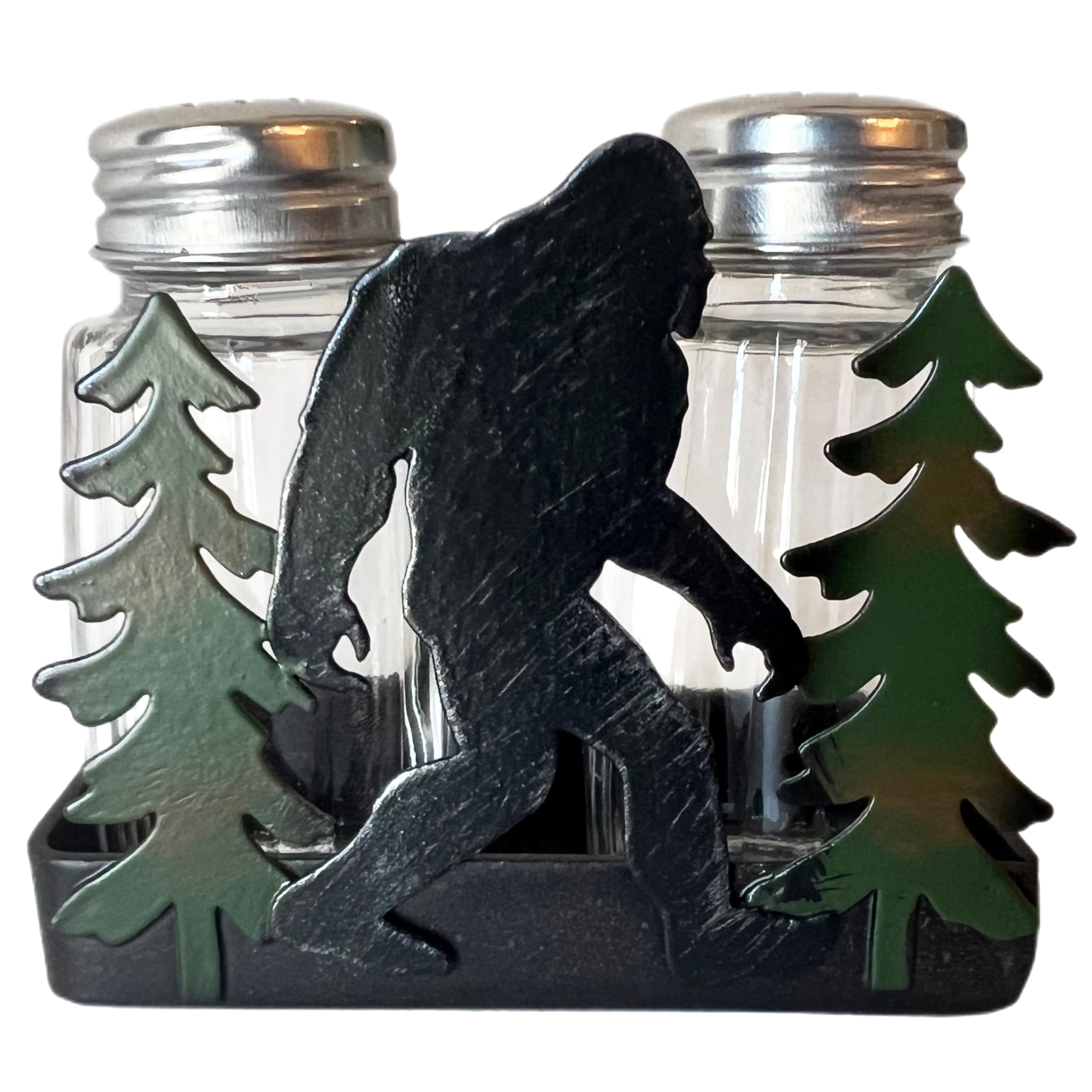 Bigfoot Sasquatch Yeti Salt & Pepper Shaker Set - Metal Silhouette Wilderness Scene with Glass Shakers - Cabin Lodge Mountain Ar