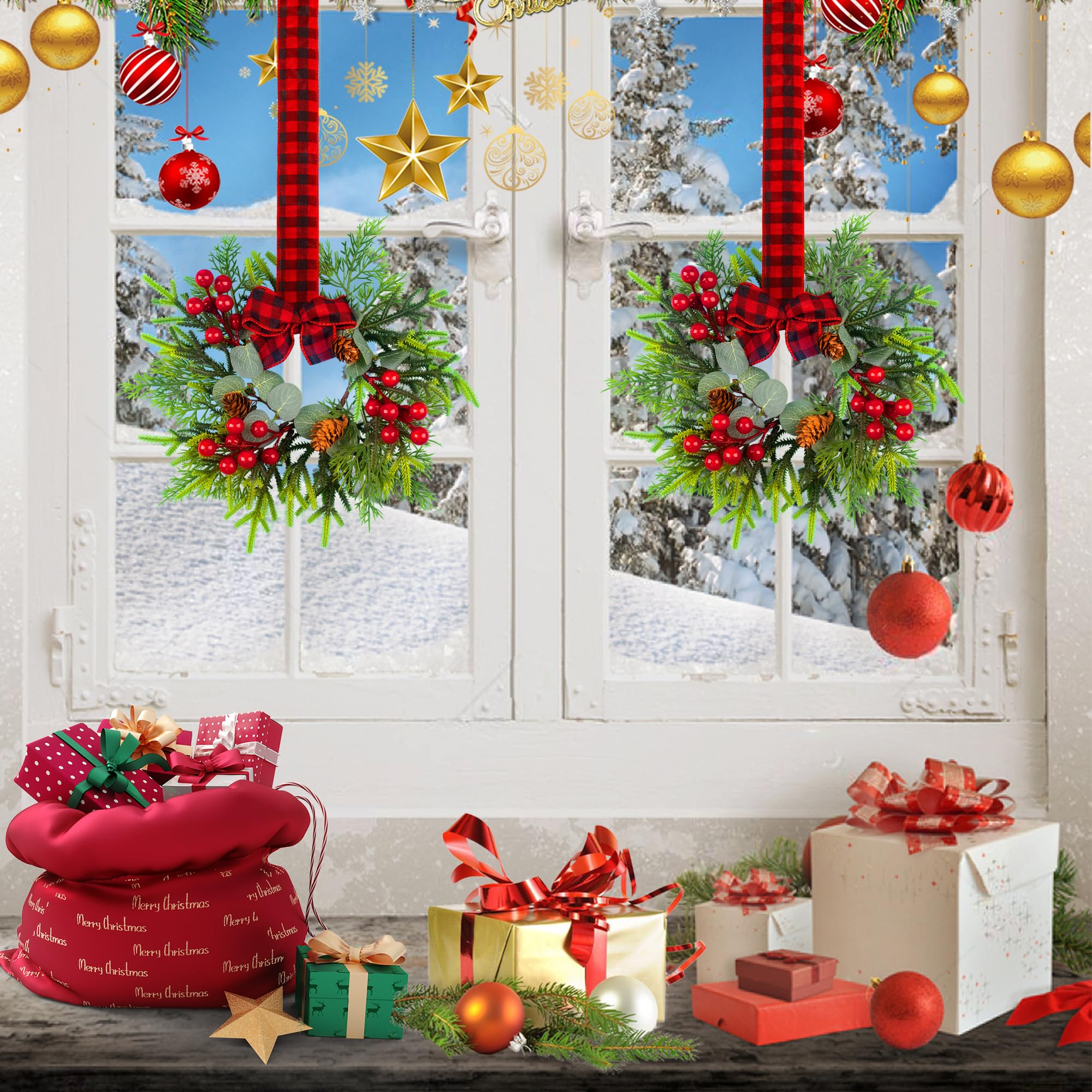 4Pcs Mini Christmas Wreath, 12 Inch Small Wreaths for Kitchen Cabinets, with Deep Red Bow Vintage Bells Pine and Cypress Leaves