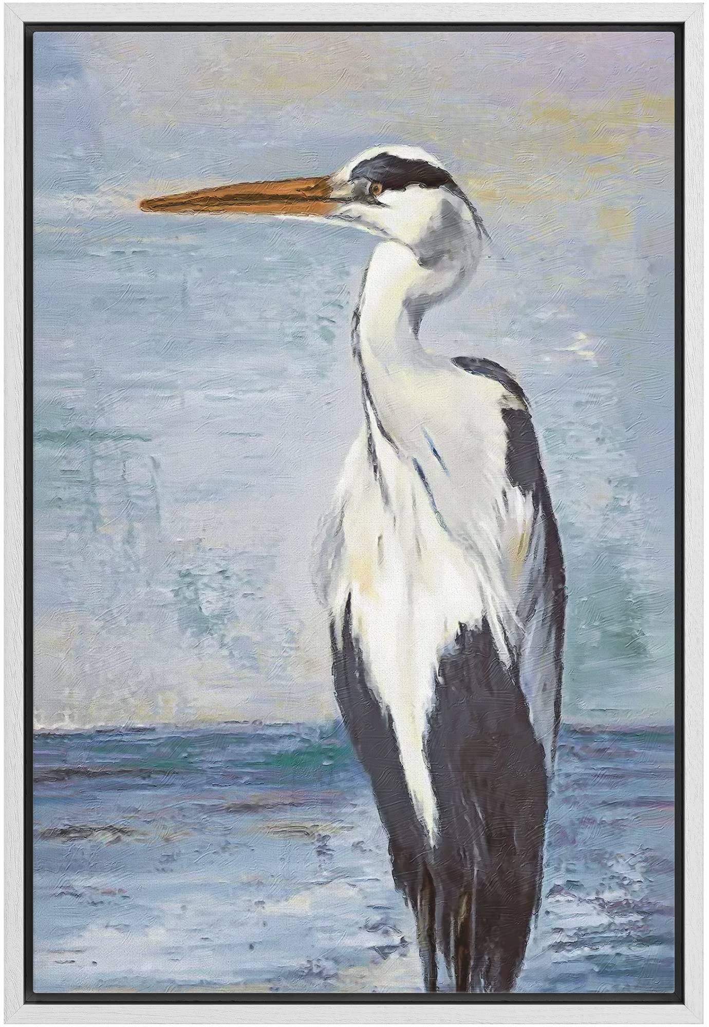 Wall26 Framed Canvas Print Wall Art Blue Beach Wave Ocean Sea Crane Bird Nature Wilderness Illustrations Modern Art Decorative R