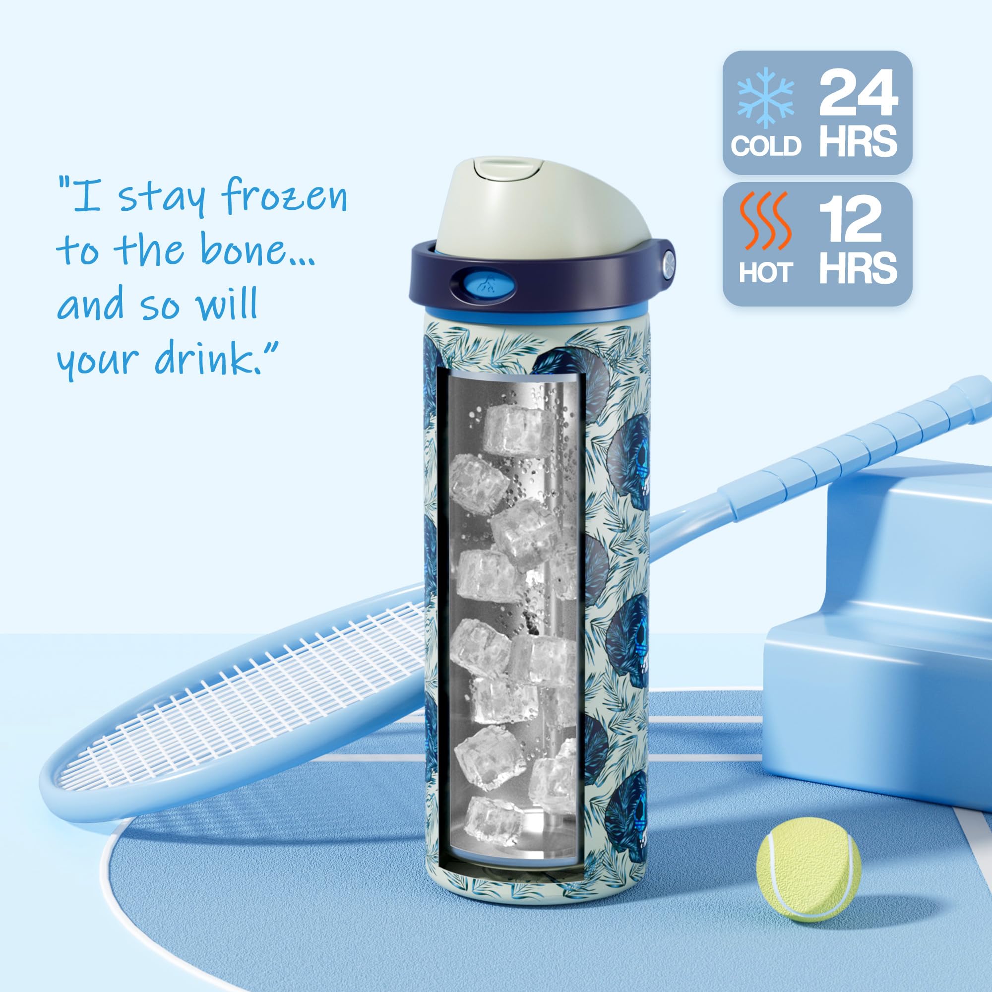 POWCAN 24 oz Insulated Skull Water Bottle: Push-Button Spout & Quick-Flip Straw, Leakproof, Car Cupholder Friendly, Insulated Fl