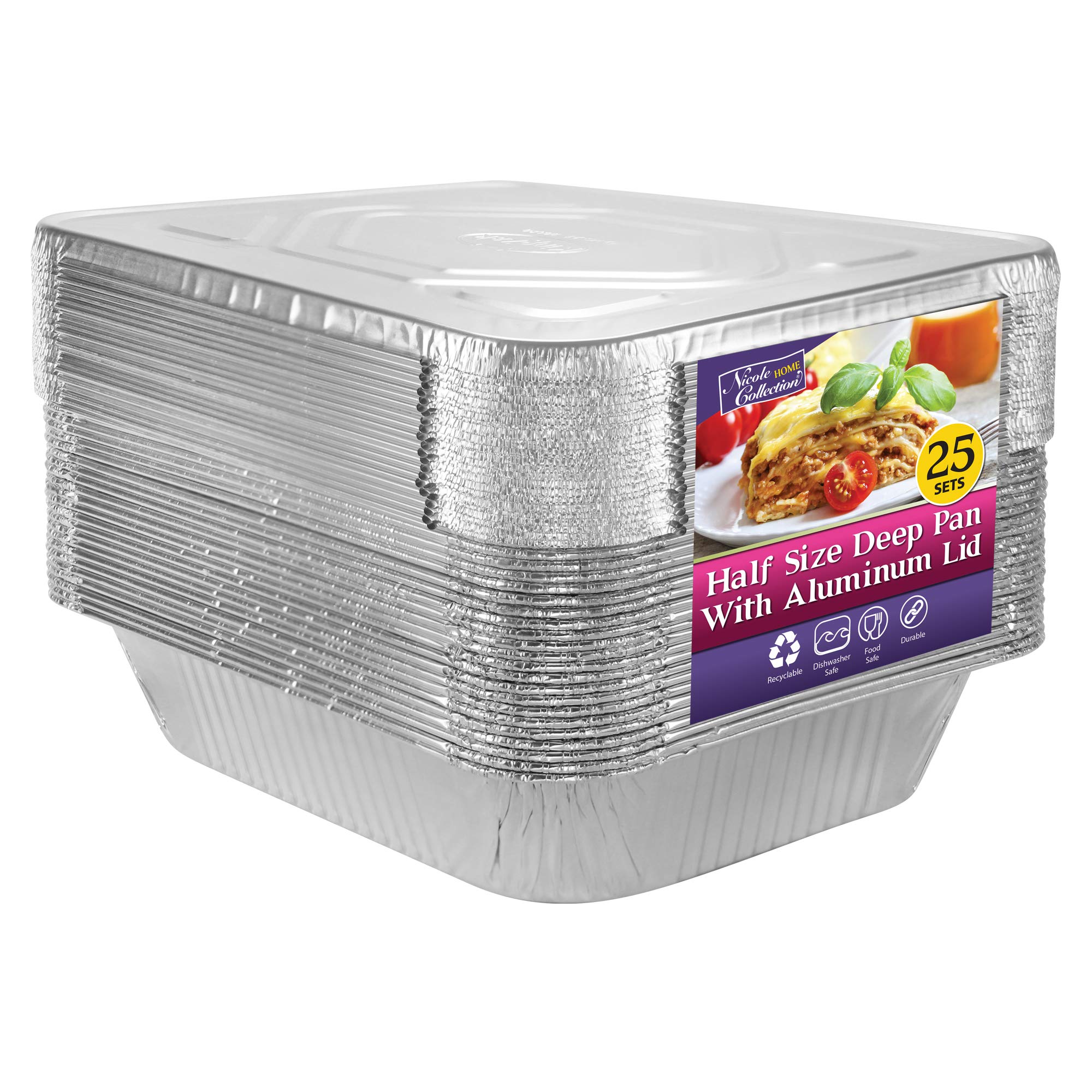 Nicole Home Collection Aluminum Pans With Lids Half Size 9X13 Extra Heavy Duty, Disposable Foil Pans For Baking (25 Sets)