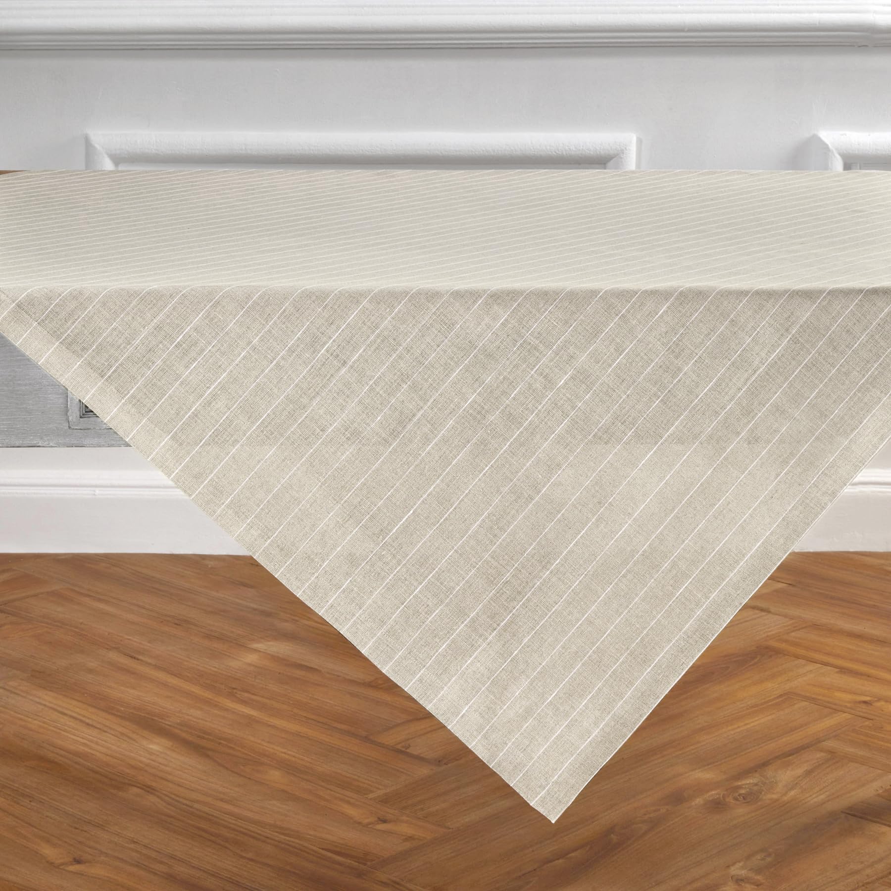 Solino Home Pinstripe Linen Tablecloth 52 X 52 Inch - 100% Pure Linen Natural And White Table Throw For Spring, Easter - Handcra