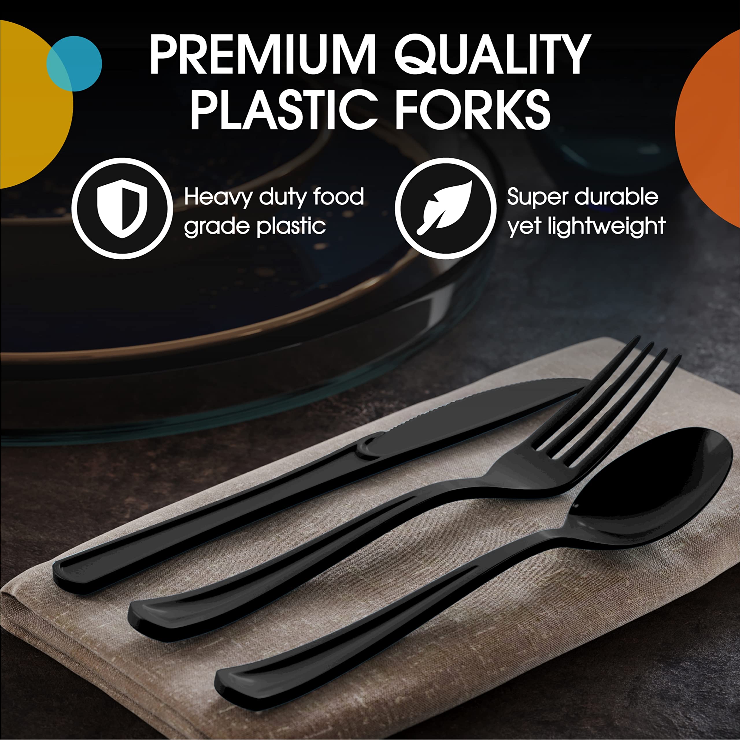 Exquisite Solid Color Premium Plastic Cutlery, Heavy Duty Plastic Disposable Forks - 50 Count - Black
