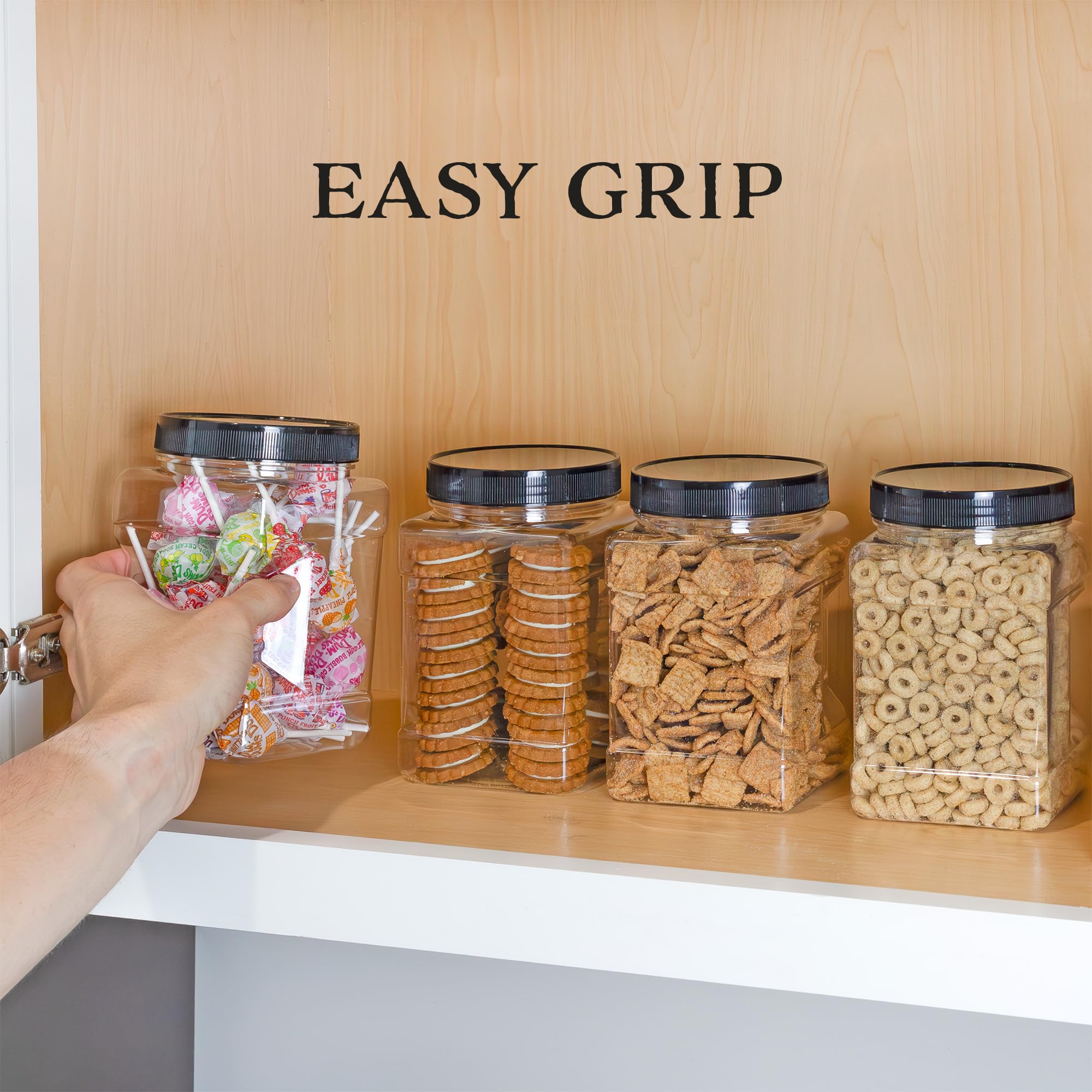 32oz Square Plastic Jars (4-Pack  Quart); Clear Rectangular 4-Cup Canisters w/Black Lids  Easy-Grip Side