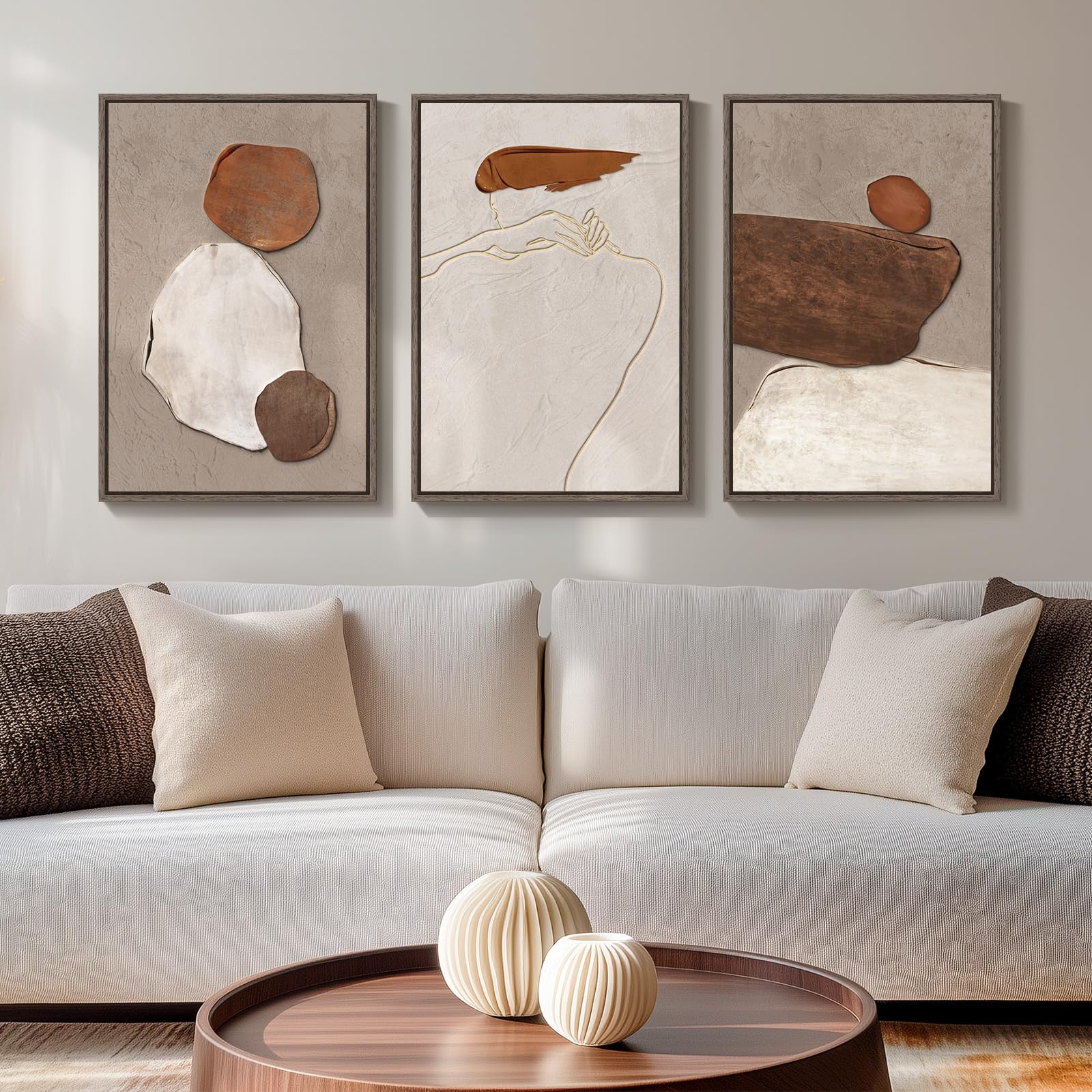 Framed Large Neutral Modern Abstract Wall Art, Set Of 3 Wabi Sabi Abstract Stones Canvas Artwork For Walls, Art Prints Pictures 