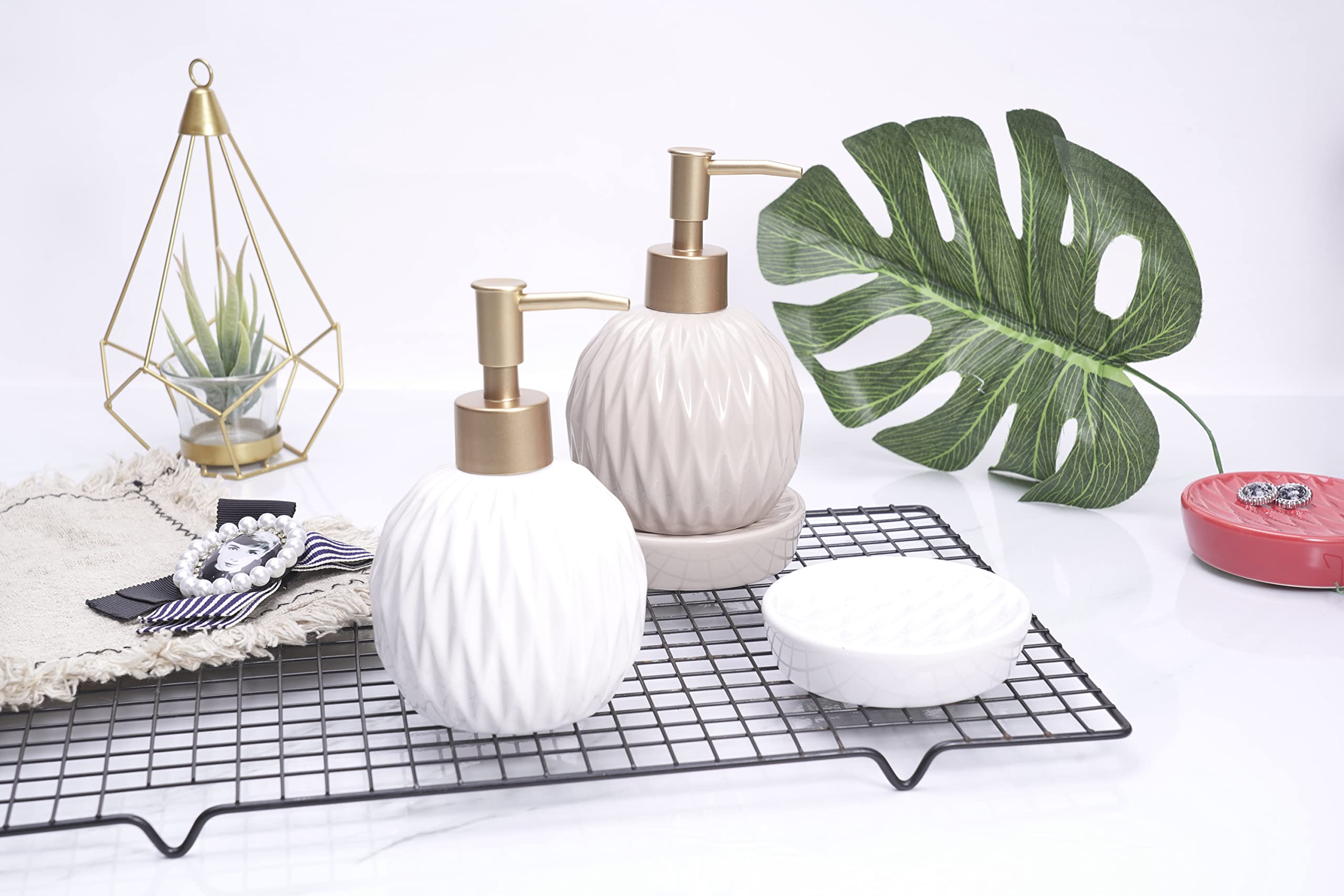 Ceramics Gold Soap Dispenser For Bathroom, Round Soap Dispenser With Delicate Embossed Rhombus Design (White)