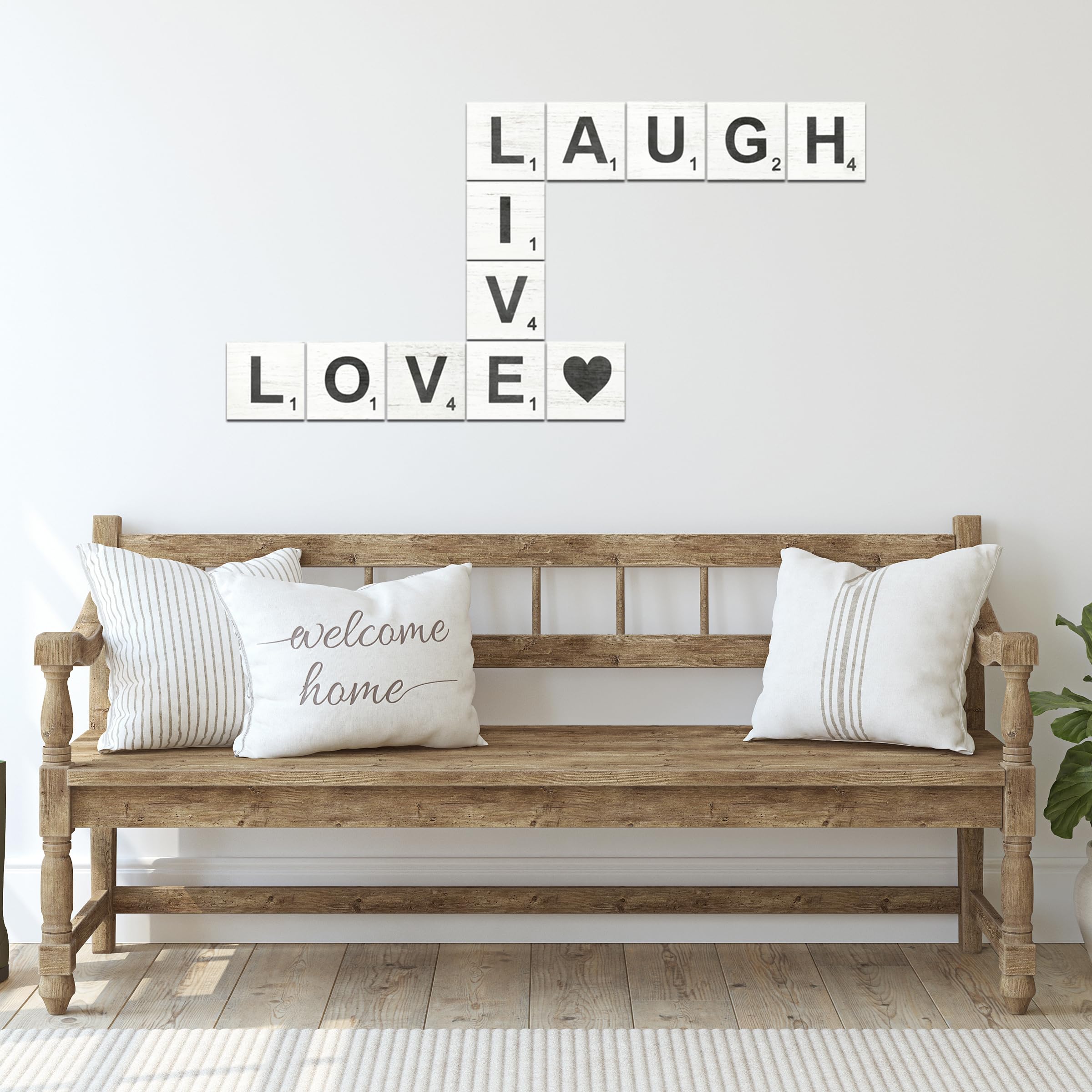 TenXVI Designs Large Rustic Crossword Tiles for Wall Decor - Live, Laugh, Love - Big Decorative Square Wooden Letters for Wall A