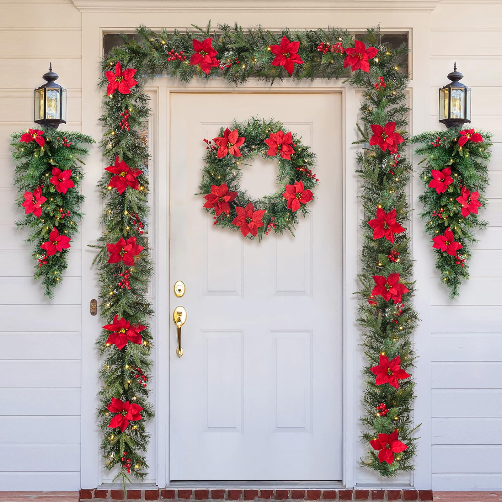 Glitzhome 9ft Christmas Garland with Lights, Greenery Garland Poinsettia and Red Berries Christmas Garlands for Mantle, Artifici