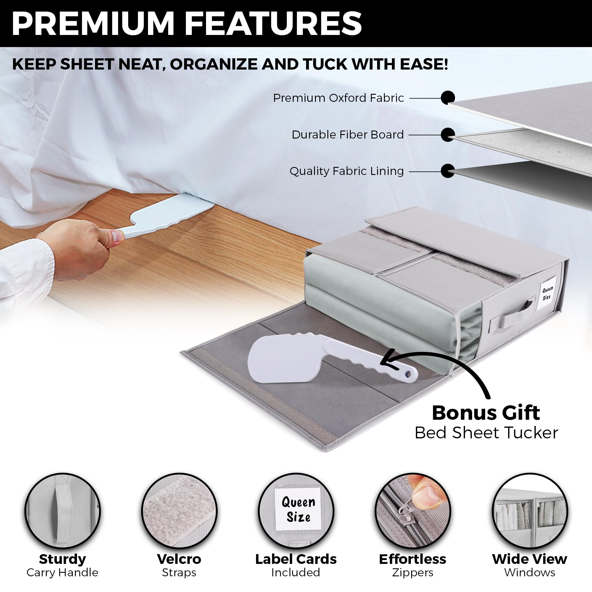 ALCOVA 4 Pack Bed Sheet Organizers and Storage with 1 Bed Sheet Tucker, Linen Closet Organizer Fits Queen & King Sheets, Bed She