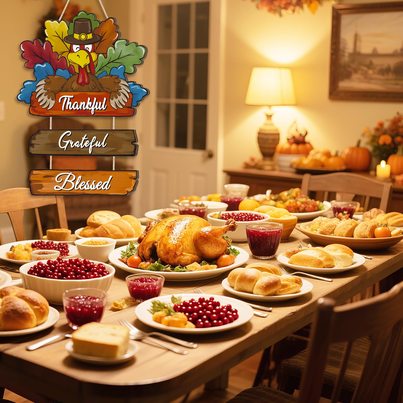 Aryroi Thanksgiving Day Wood Door Hanger,Turcky Wall Sign,Fall Thankful Sign,Autumn Wooden Sign,Grateful for Harvest Wall Plaque