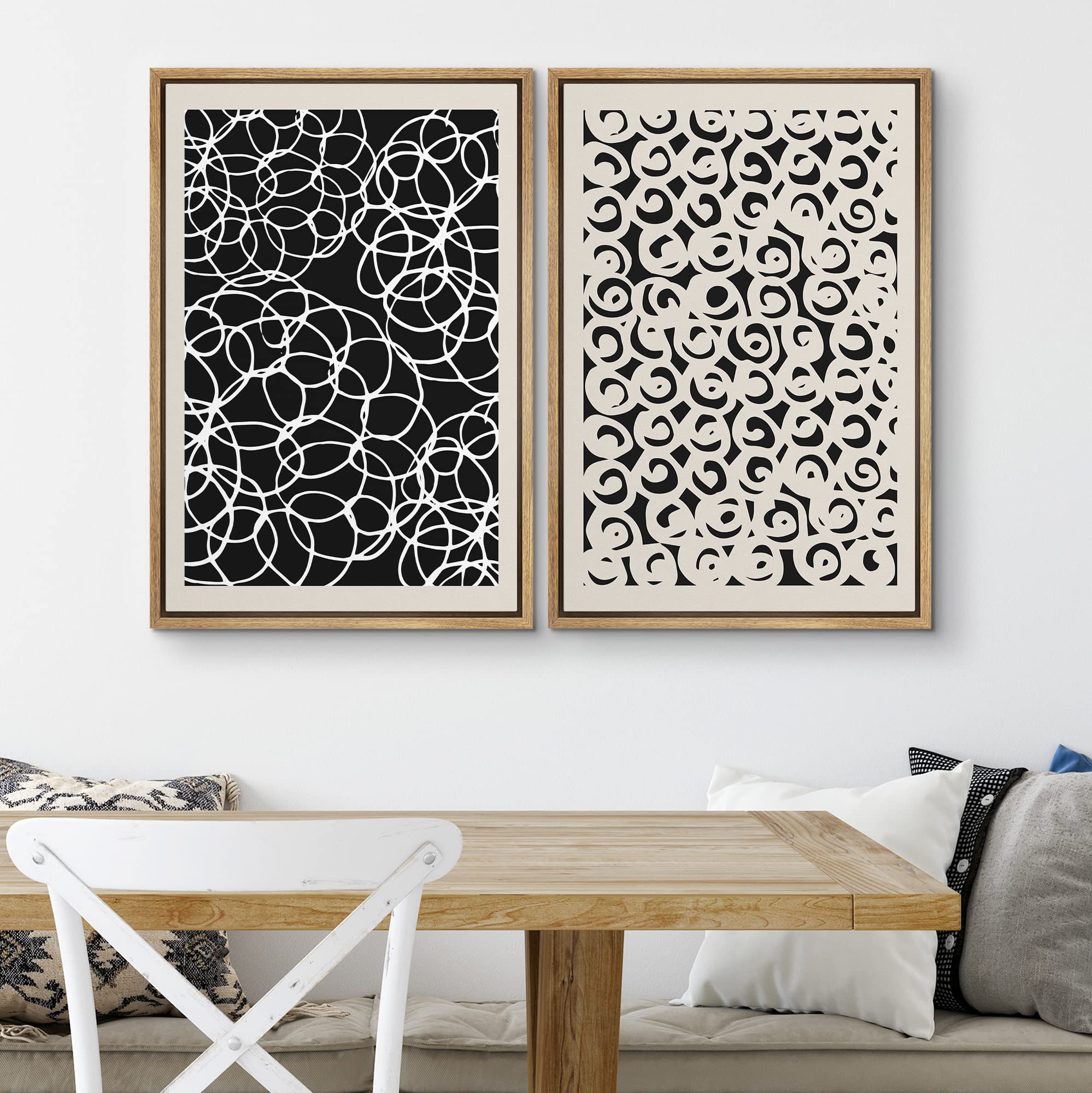 SIGNWIN Framed Canvas Print Wall Art Set Mid-Century Nordic Spiral Astronomy Sun Collage Abstract Shapes Illustrations Minimal Decorative Bohemian for Living Room  Bedroom  Office - 16''x24''x2 Natural