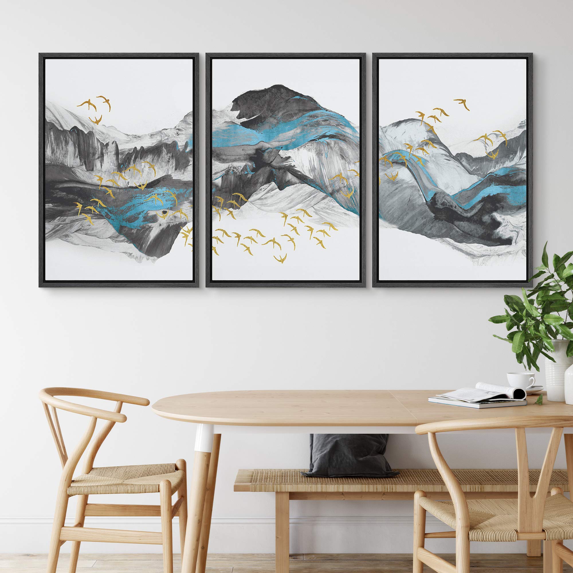 Nwt Framed Wall Art Print Set Blue & Black Mountains With Gold Birds Nature Wilderness Illustrations Modern Art Rustic Colorful