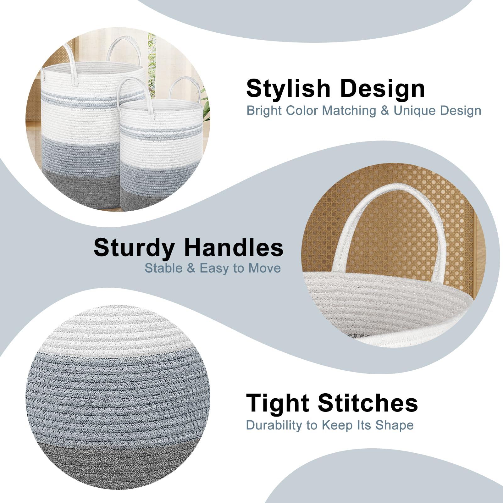 2 Pack Large Tall Rope Laundry Baskets, Cotton Laundry Hamper, Dirty Clothes Hampers Woven Basket, Blanket Basket Storage For Li