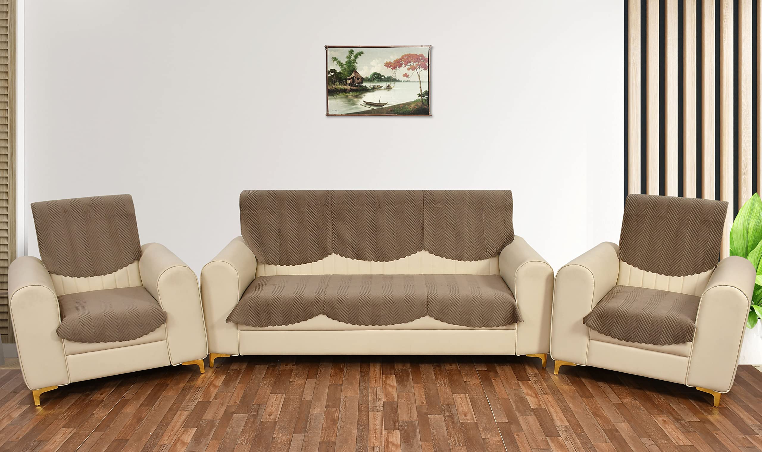 Yellow Weaves 5 Seater Quilted Sofa Cover And Chair Cover, Seat & Back Cover, Color - Greyish Brown, Velvet