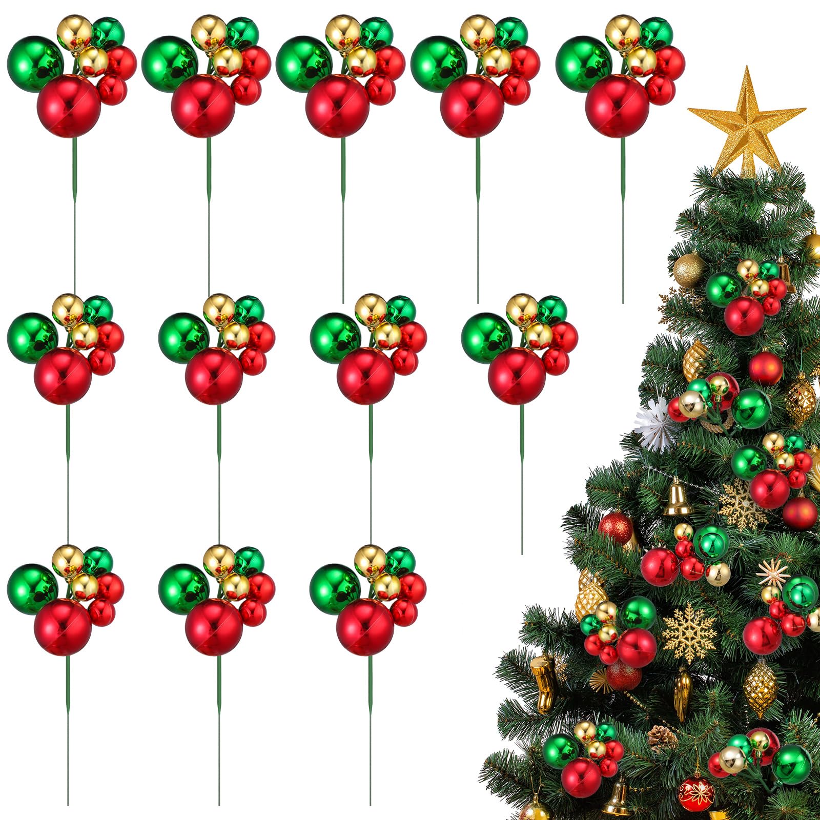 Daifunli 12 Pcs Red Green and Gold Christmas Tree Picks 7.87 Inch Christmas Balls Ornaments Xmas Decorations for Xmas Tree Toppe