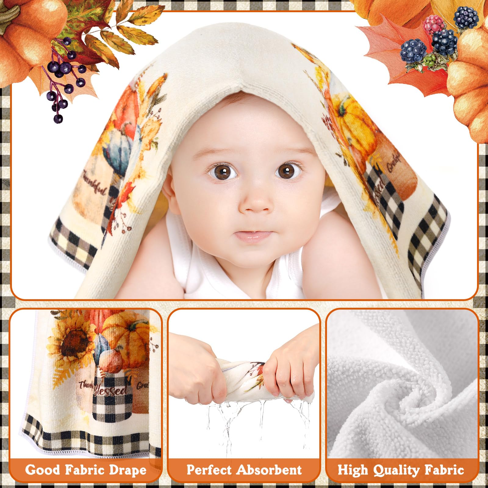 FuWeave 8 Pcs Thanksgiving Shower Curtain Set for Bathroom Decor Include Fall Grid Harvest Autumn Pumpkin Shower Curtain Towels