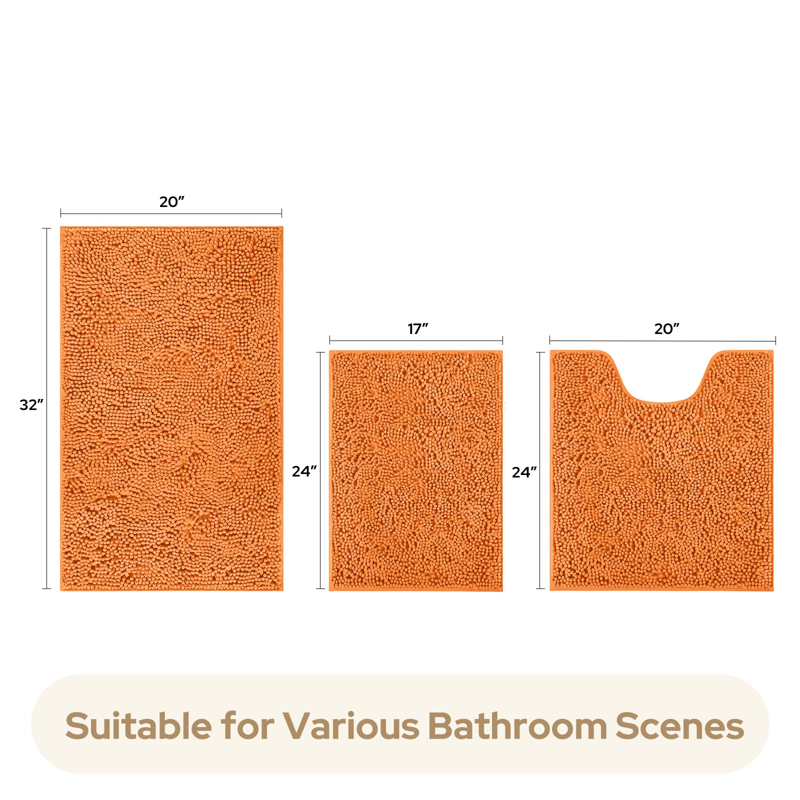 HOMEIDEAS 3 Pieces Bathroom Rugs  Ultra Soft Non Slip Absorbent Chenille Toilet Bath Mat Set (Orange)