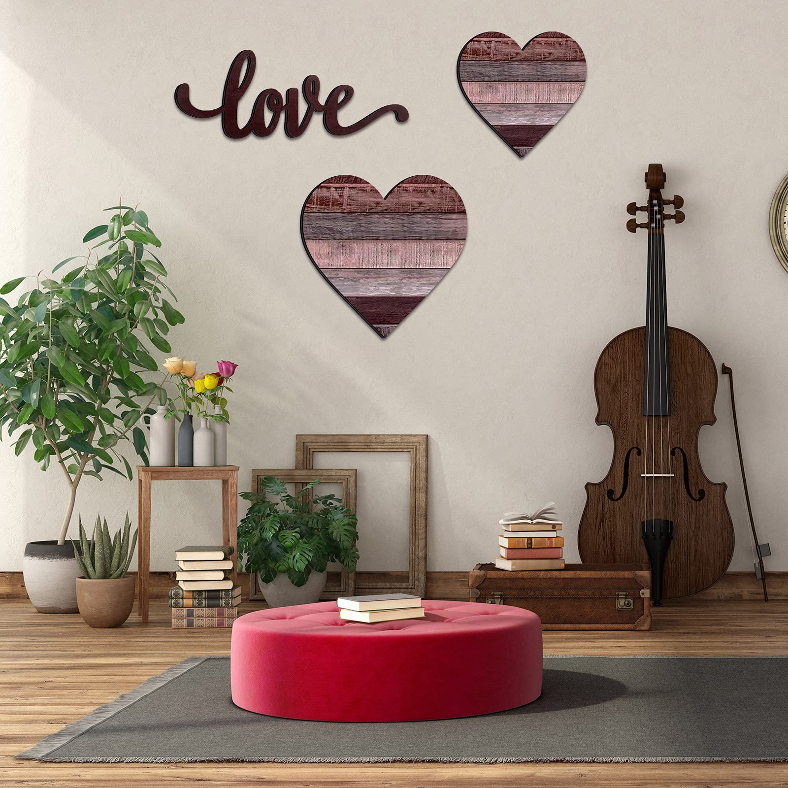 Chitidr 3 Pcs Wooden Hearts Decor Heart Wooden Sign Rustic Hanging Love Plaque for Wall Home Farmhouse Living Room Bedroom Gifts