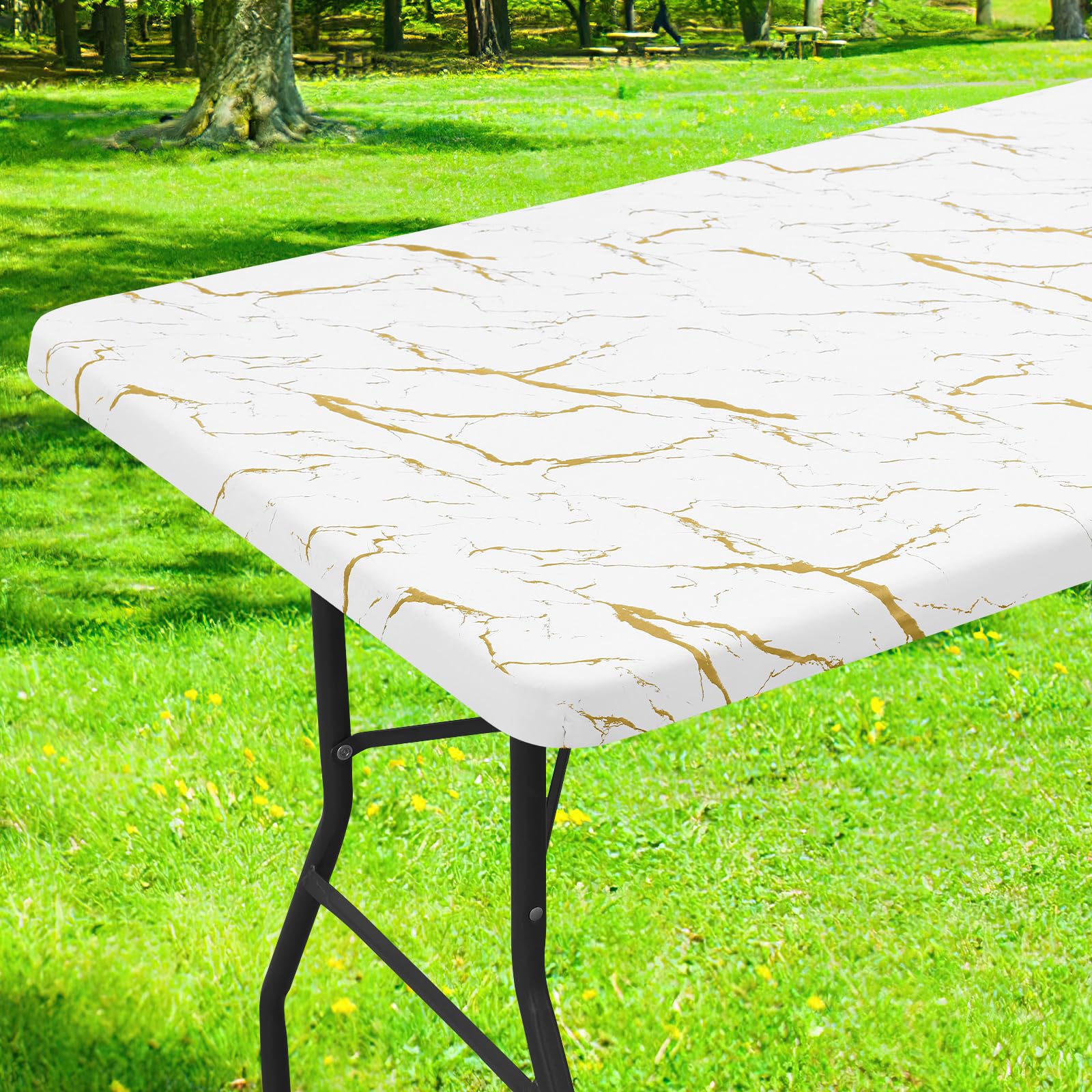 Smiry Rectangle Table Cloth Cover, Waterproof Elastic Fitted Picnic Tablecloth for 6 Foot Tables, Wipeable Flannel Backed Vinyl 