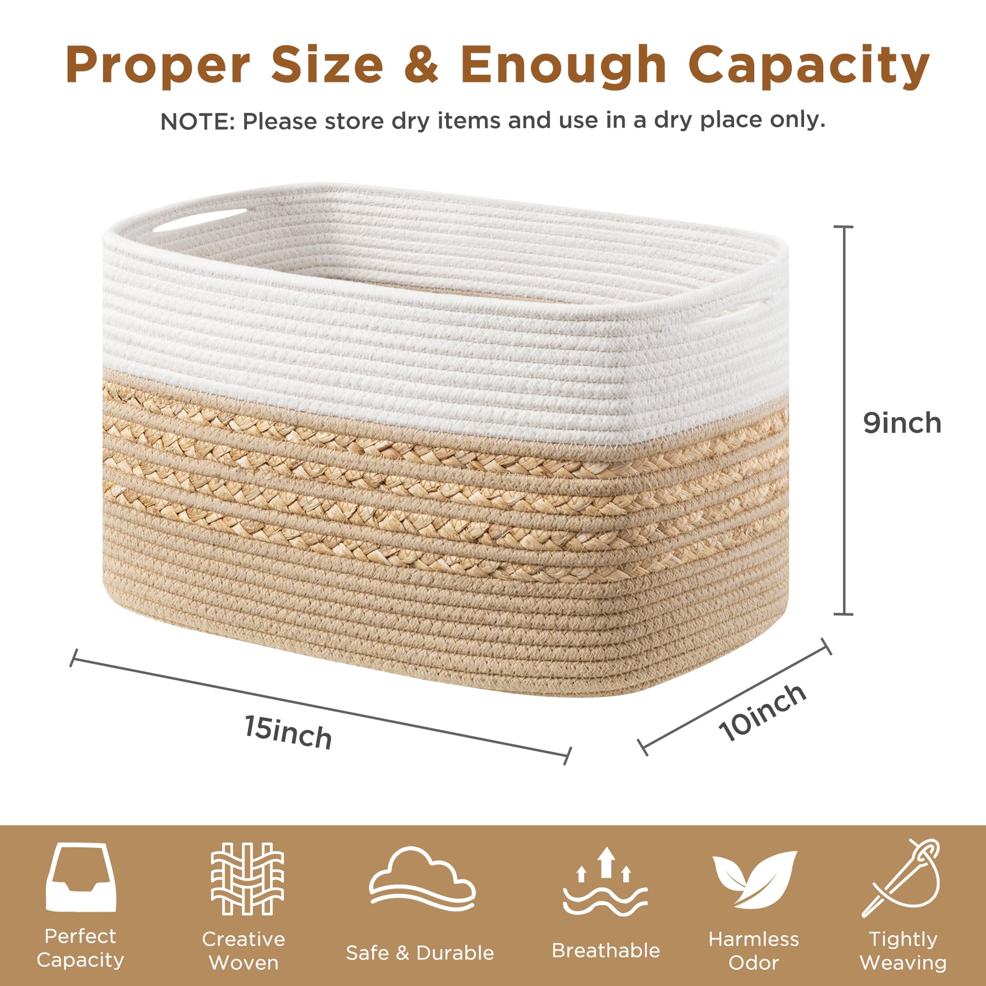 Ubbcare 1 Pack Baskets For Organizing, Woven Storage Baskets For Toys And Towel, Rectangle Cotton Rope Basket With Handles, 15''