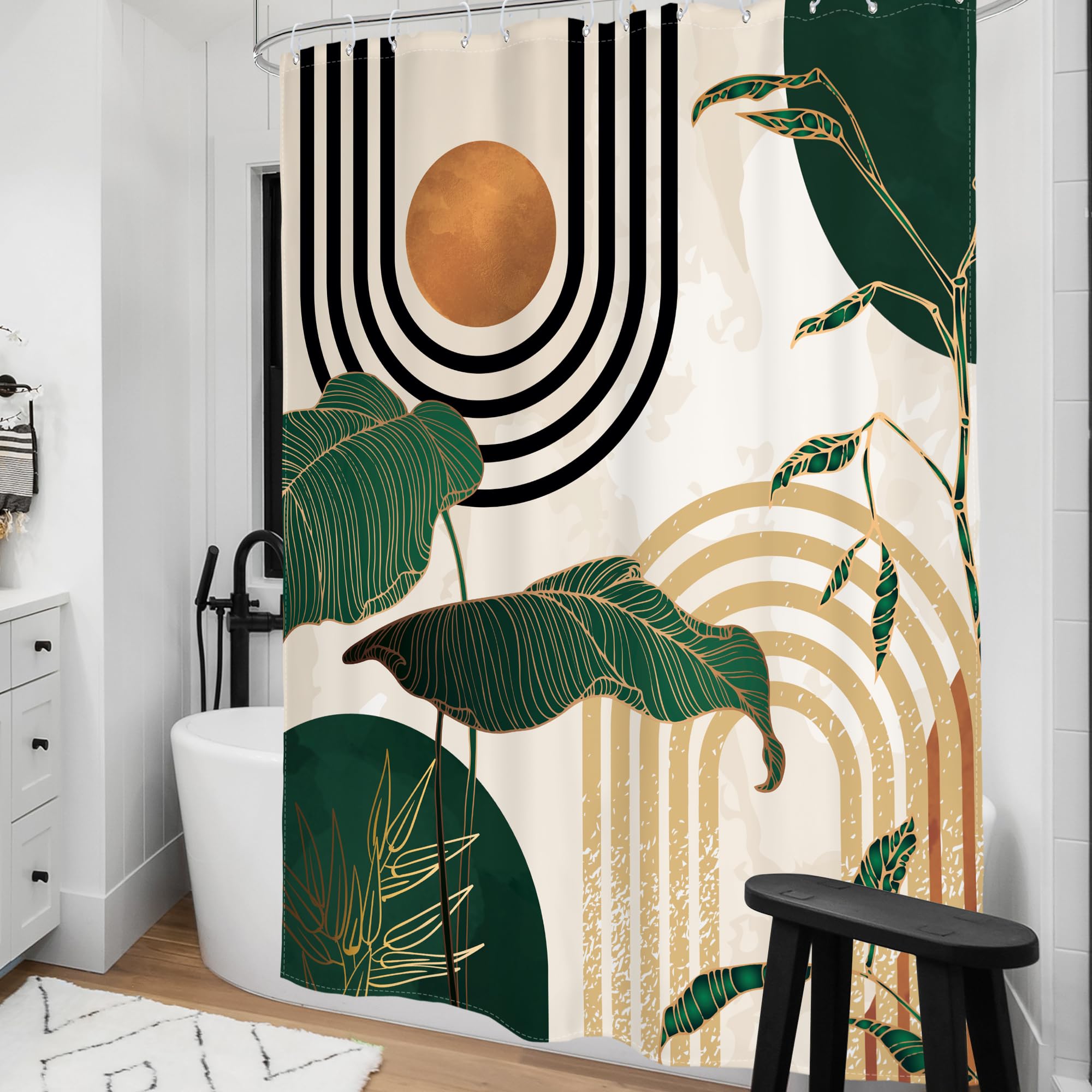 Glawry Boho Blue Green Shower Curtain Mid Century Abstract Tropical Palm Leaf Modern Minimalist Plant Botanical Bathroom Geometr