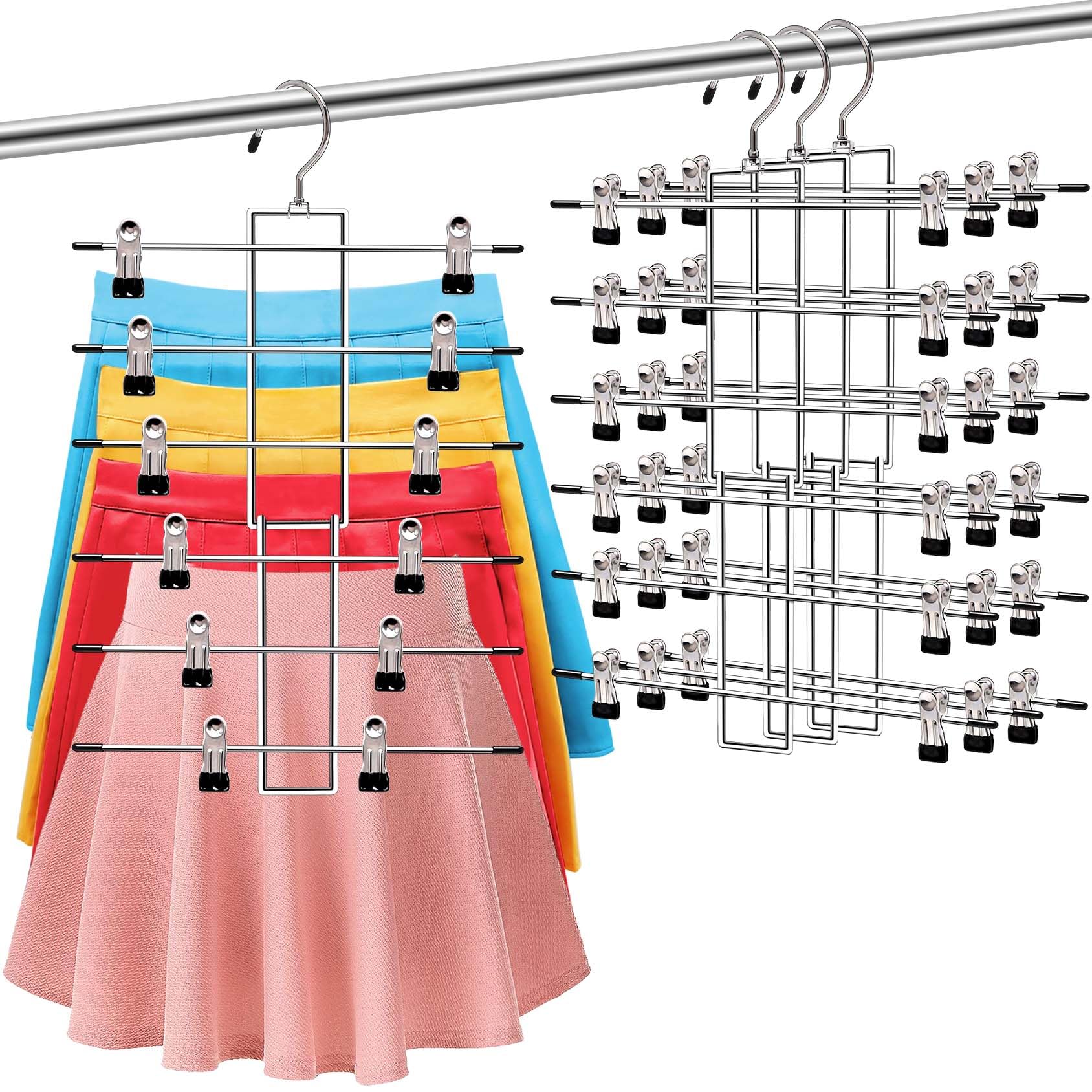 3 Pack Pants-Hangers-Space-Saving 6 Tier-Closet-Organizers-and-Storage Skirt Hangers with Clips Clothes- Jeans Scarf Hangers College-Dorm-Room-Essentials D?cor  Stainless Steel