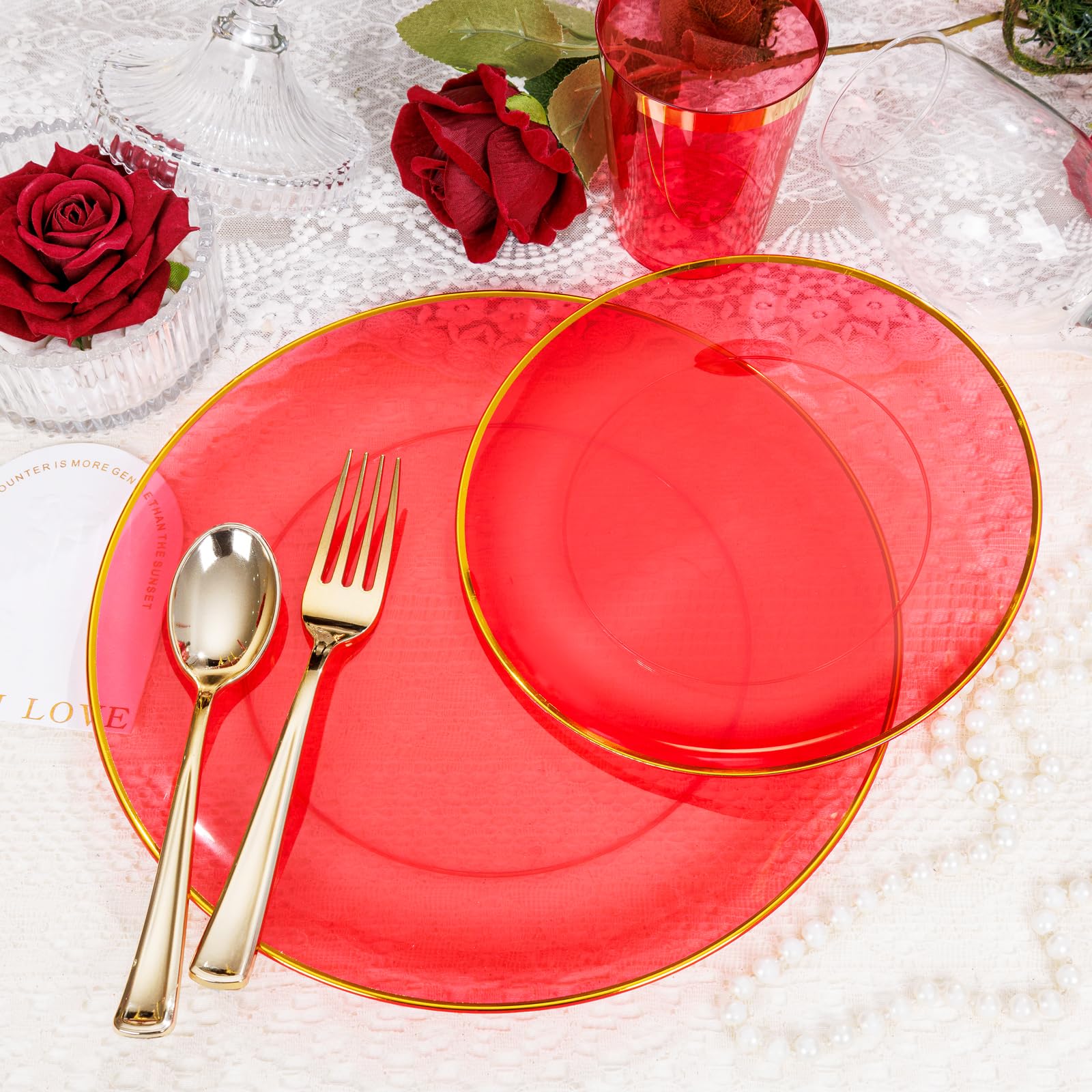 Liyh 180Pcs Clear Red Plastic Plates Disposable - Plastic Red Dinnerware Set With God Edge Plates Include - Gold Plastic Silverw