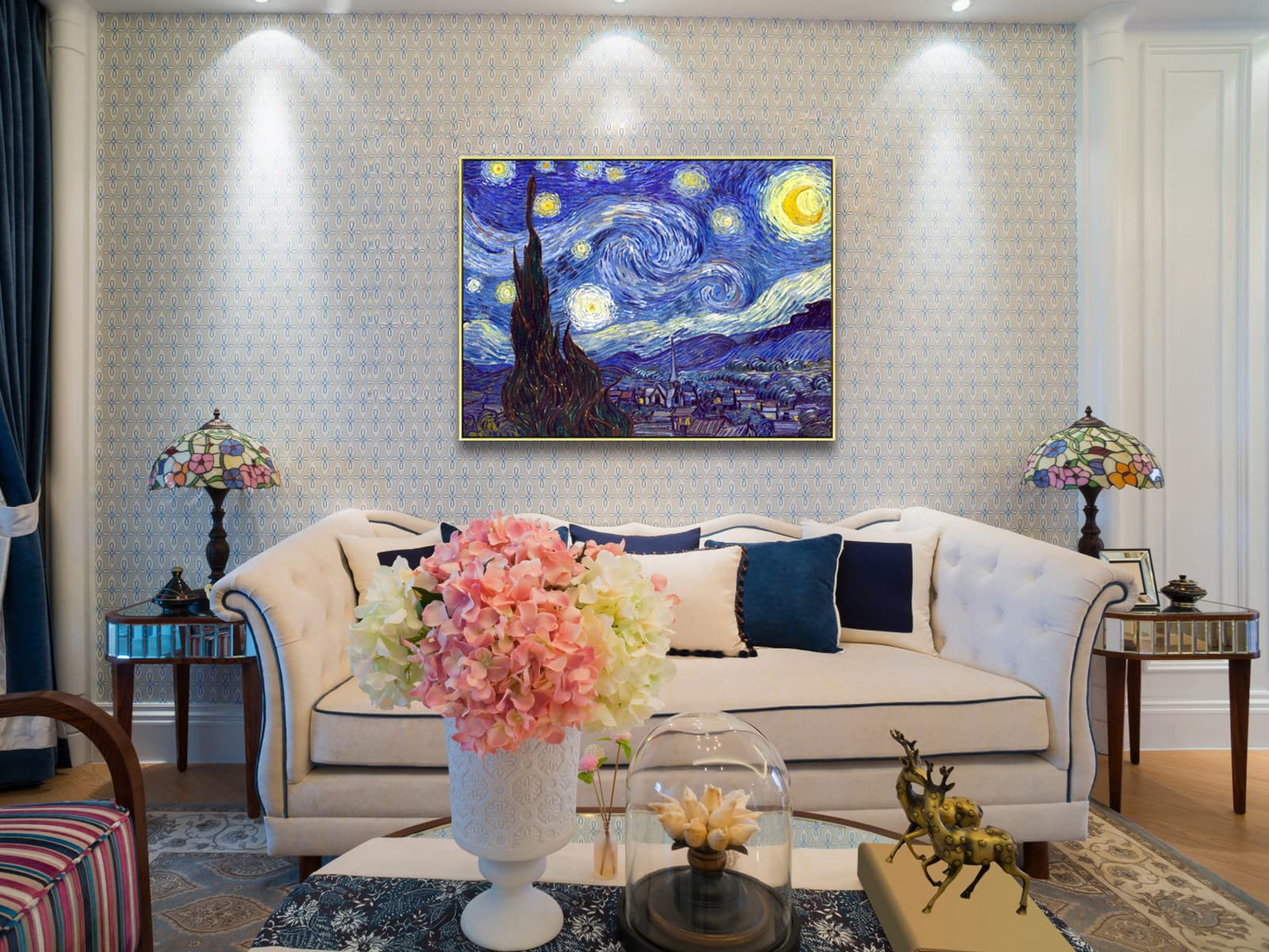 Wieco Art Large Framed Art Giclee Canvas Prints Of Starry Night By Vincent Van Gogh Paintings Reproduction Post-Impressionism Ar