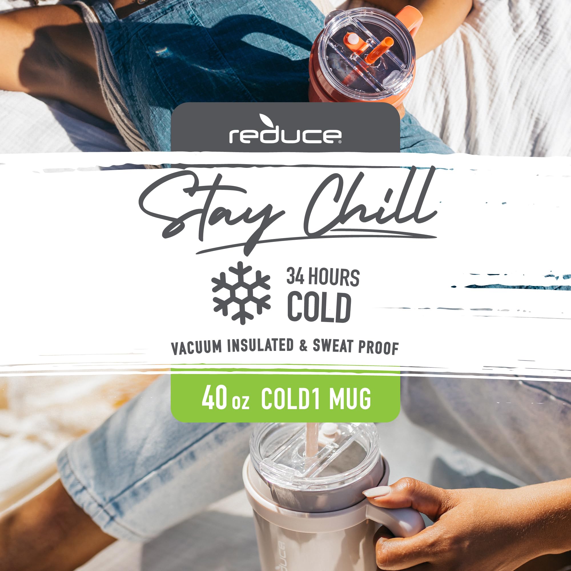 Reduce Cold1 40 Oz Tumbler With Handle - Vacuum Insulated Stainless Steel Water Bottle For Home, Office Or Car, Reusable Mug Wit