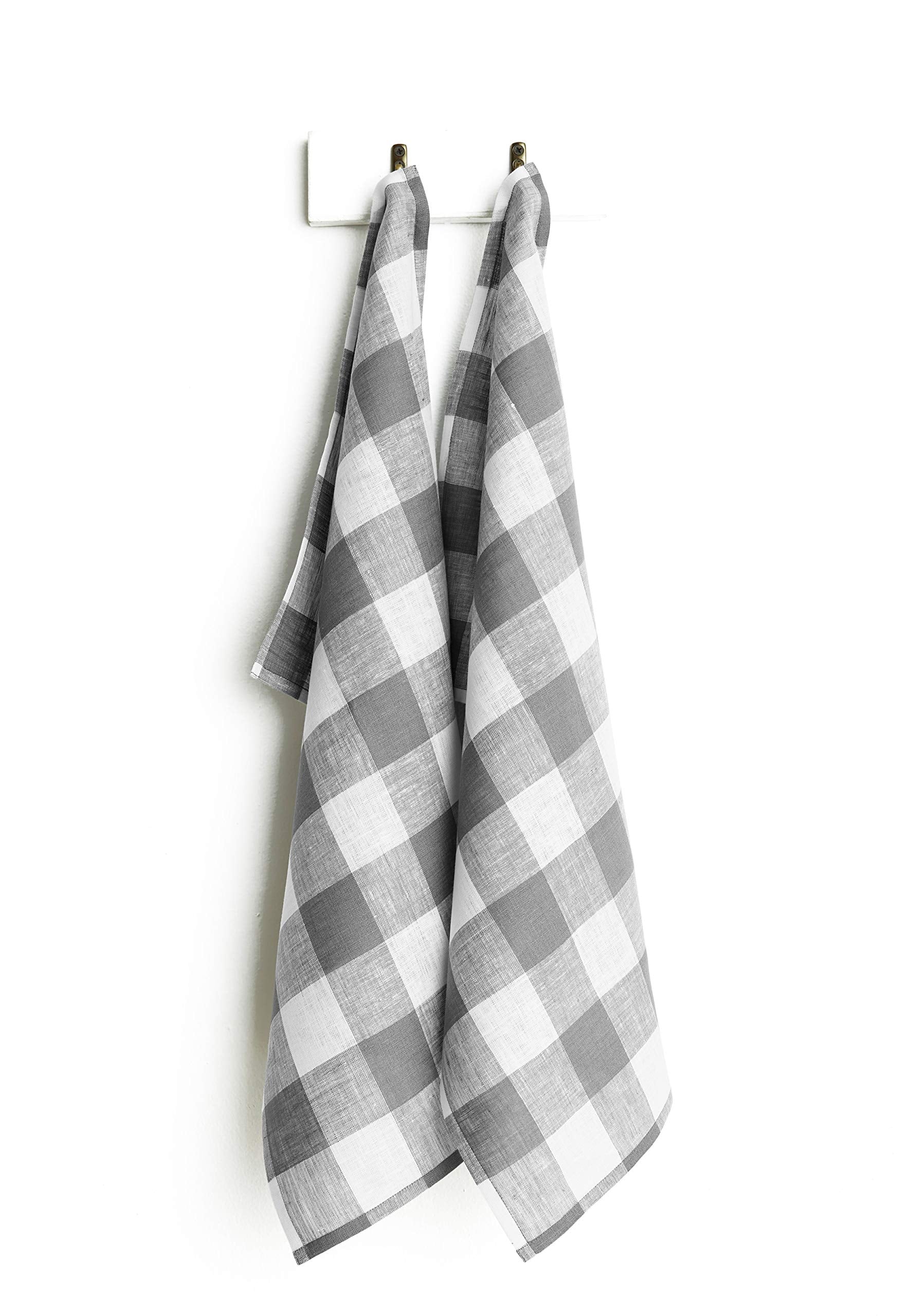 Solino Home Linen Kitchen Towels Set Of 2 - Grey And White 17 X 26 Inch - 100% Pure Linen Buffalo Check Kitchen/Tea Towels - Mac