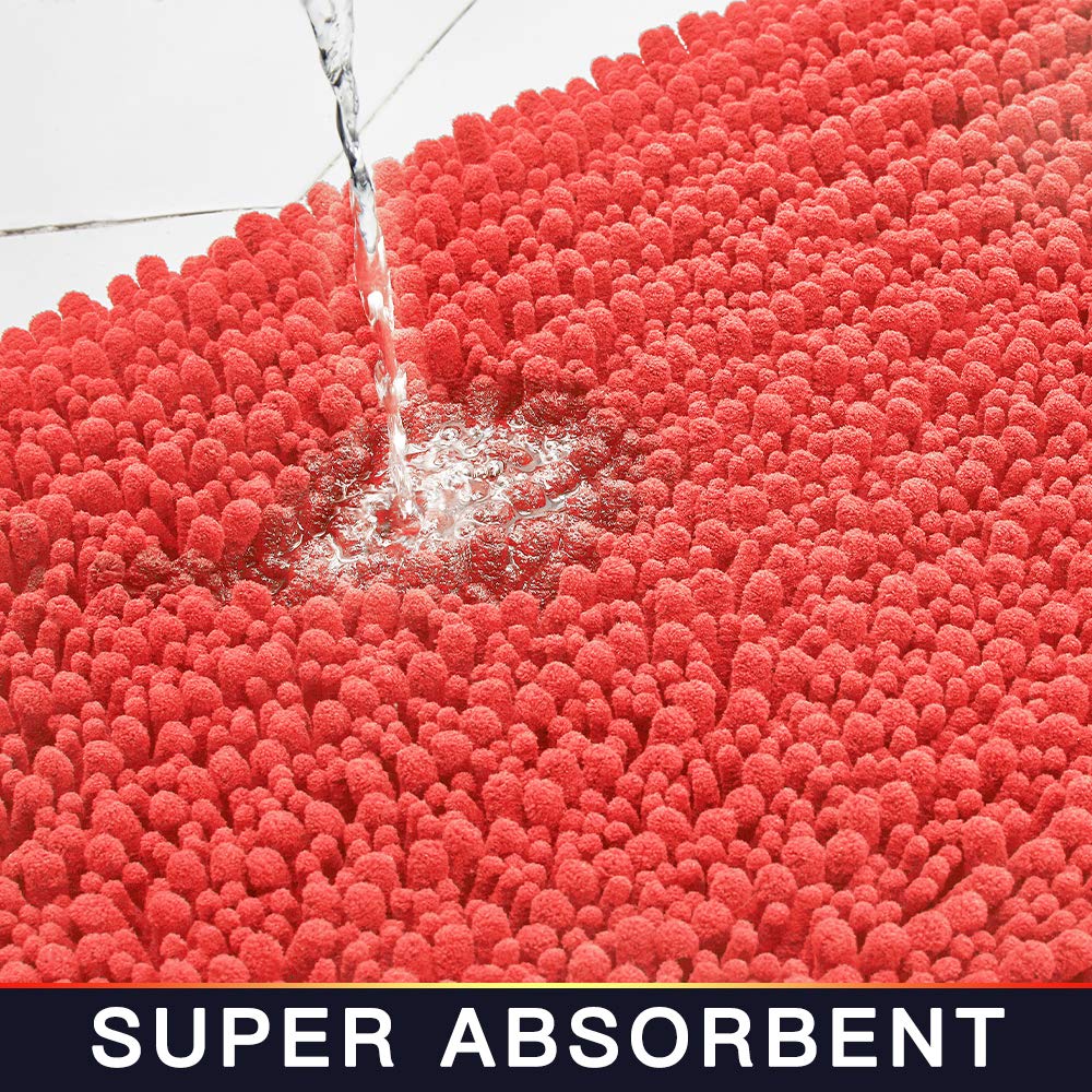 Walensee Bathroom Rug Non Slip Bath Mat (24X17 Inch Coral) Water Absorbent Super Soft Shaggy Chenille Machine Washable Dry Extra