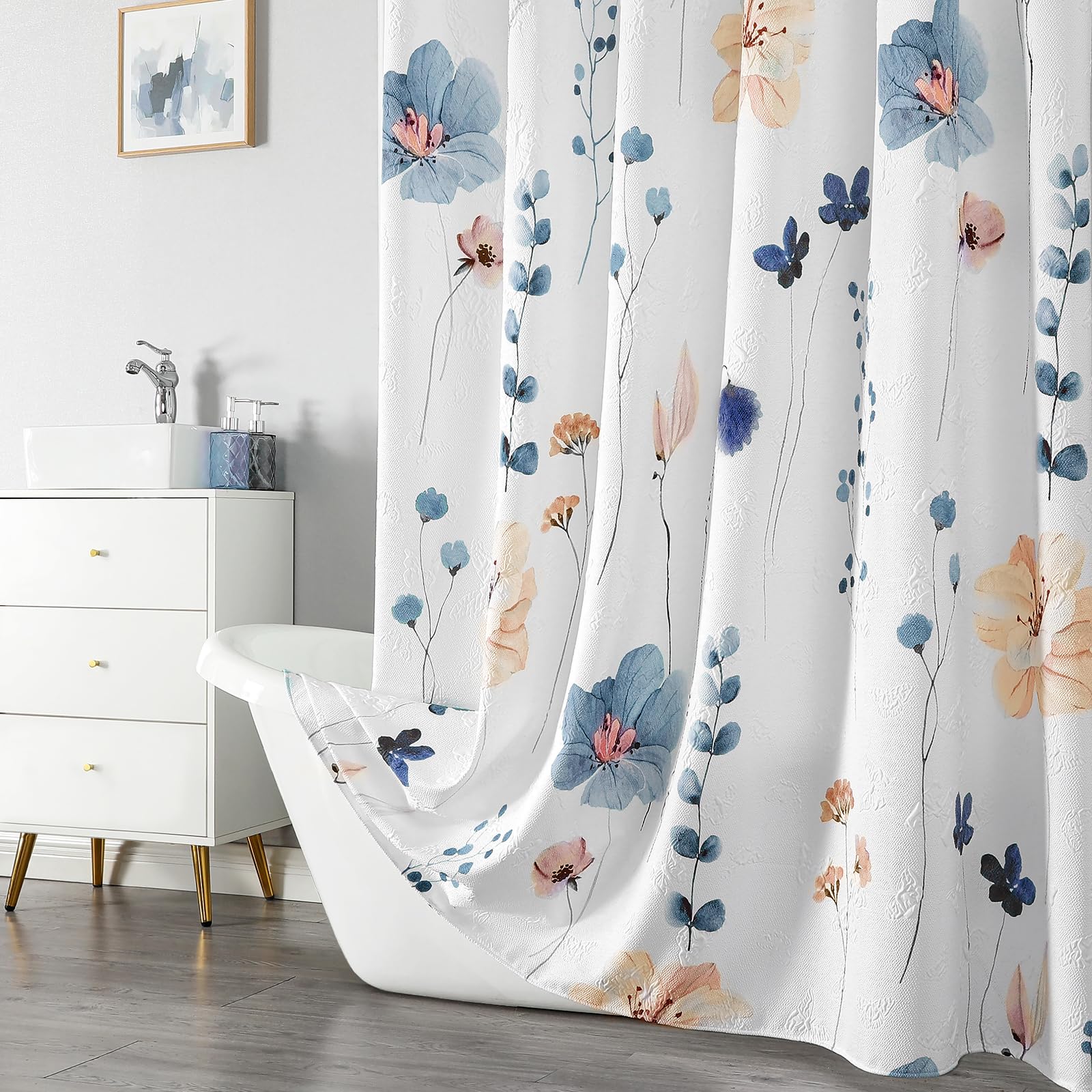 Qiyi Watercolor Floral Shower Curtain, 3D Embossed Butterflies Blue Beige Flower Bathroom Curtain, Minimalist White Cloth Bath C