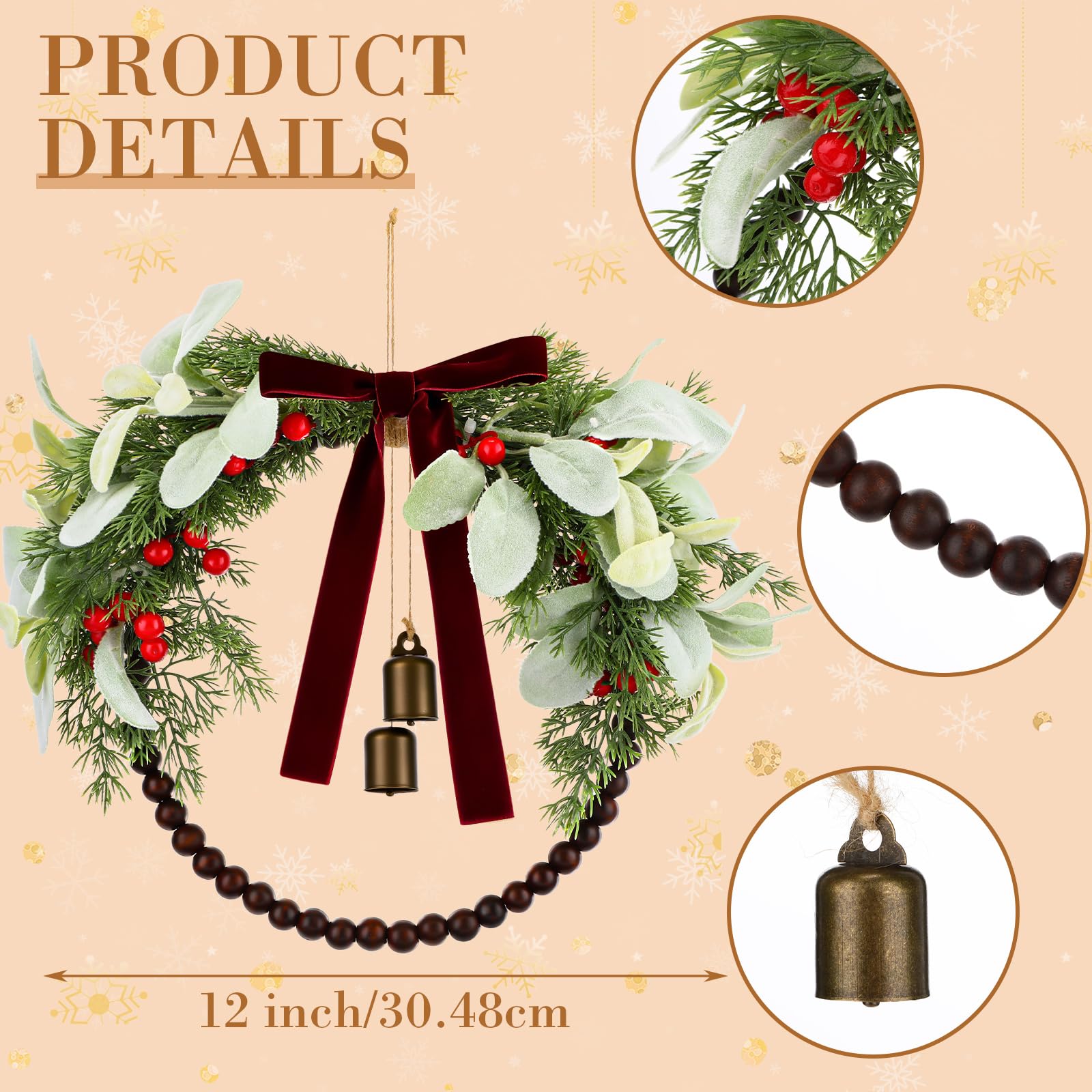 Suncalla 12 Inch Olive Norfolk Pine Christmas Wreath with Wooden Bead Bell Christmas Kitchen Cabinet Wreath for Front Door Farmh
