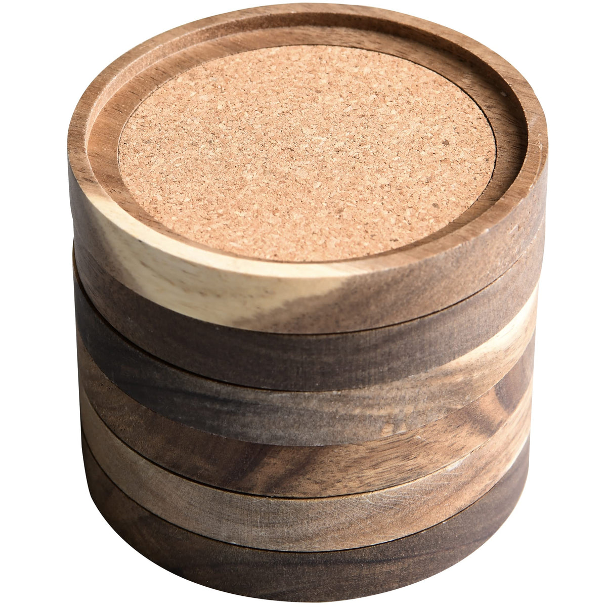 Acacia Wood Coasters For Drinks, 4.13 Inch, Set Of 6, Absorbent And Insulation Cork Stackable Cup Holders, Rustic Coasters For W