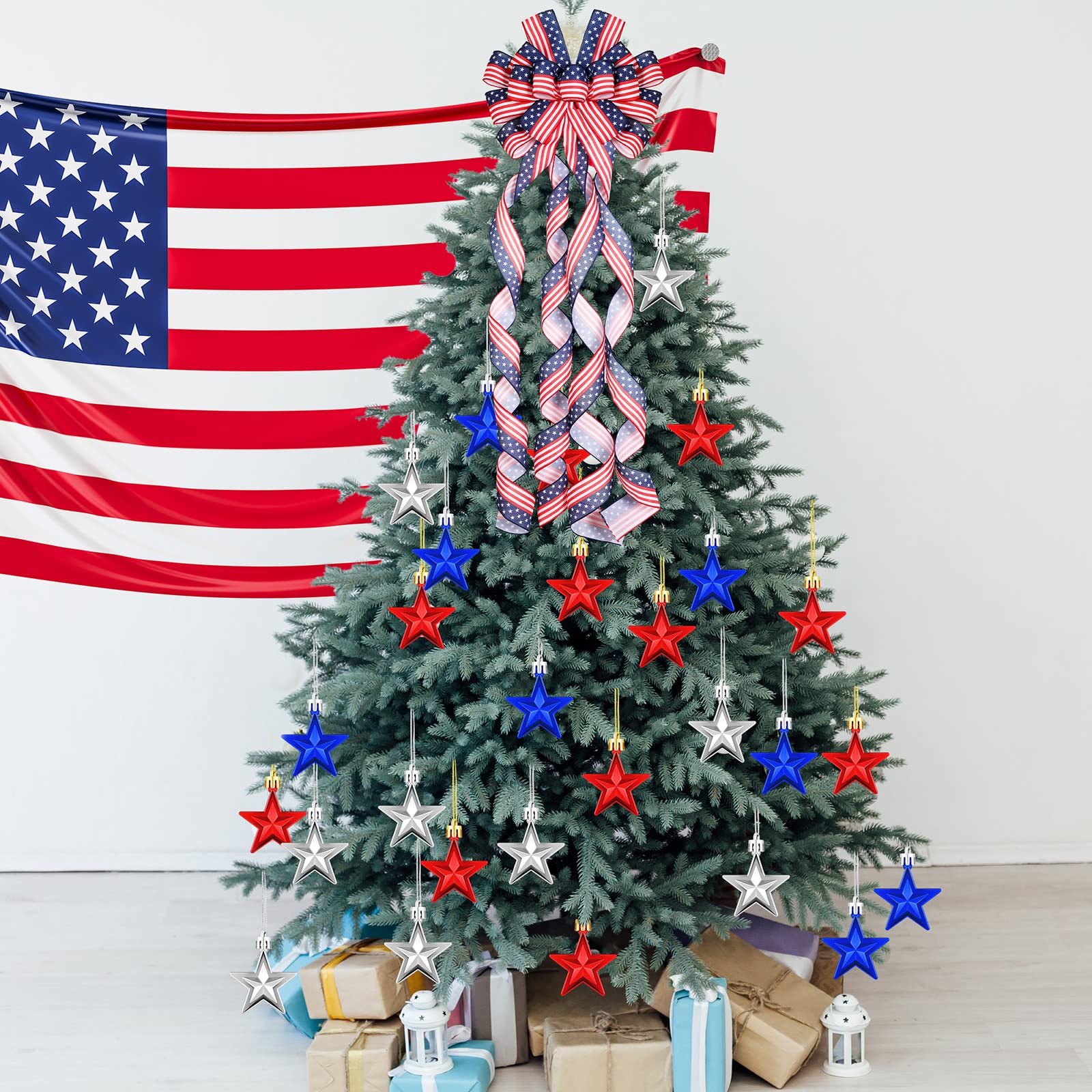 Cindeer 37 Pcs Patriotic Decorations Large America Flag Bow for Wreath 36 Pcs Patriotic Red White Blue Stars Ornaments Holiday T