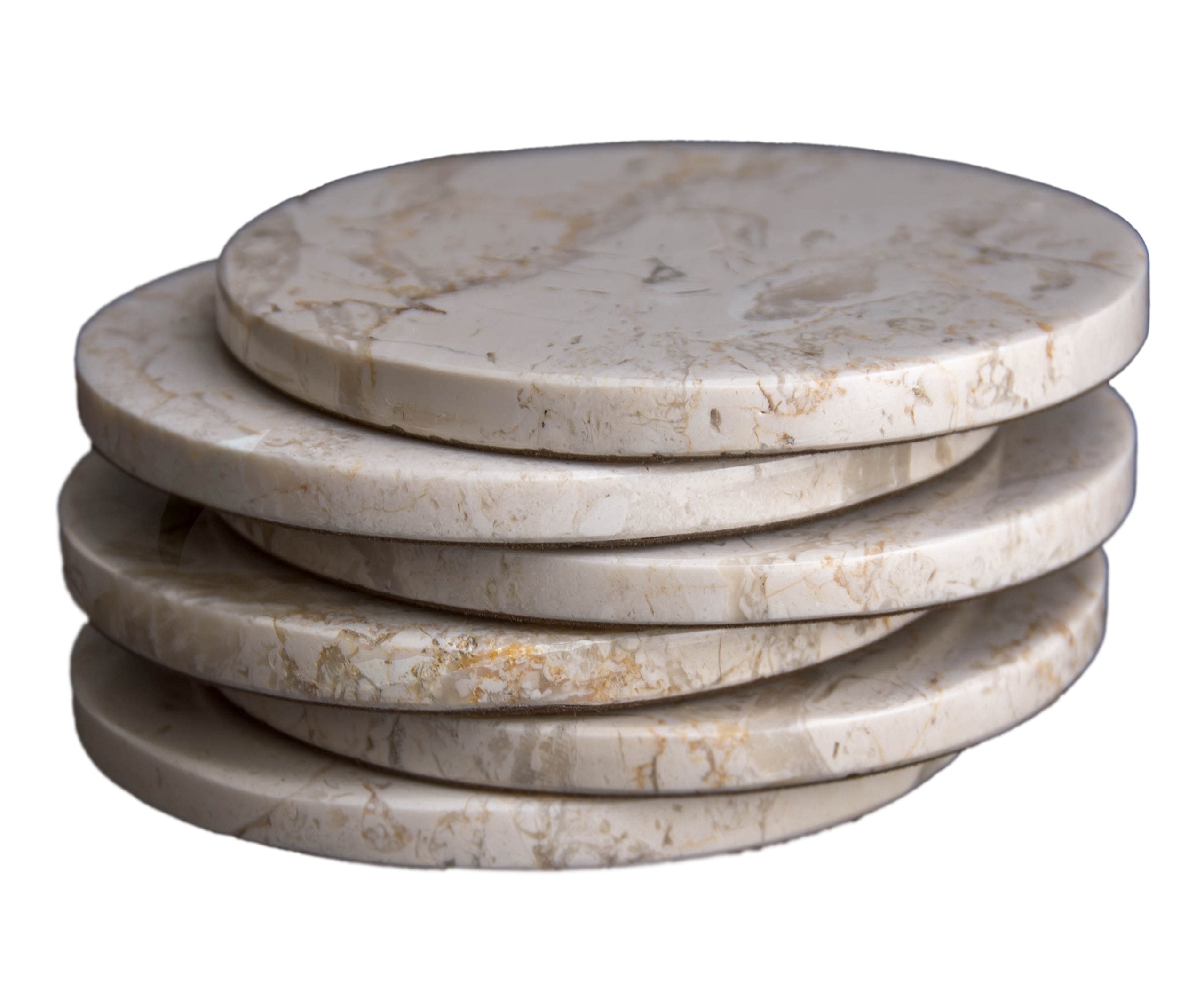 Set Of 6 - Beige Marble Stone Coasters Polished Coasters - 3.5 Inches (9 Cm) In Diameter - Protection From Drink Rings -Craftsof