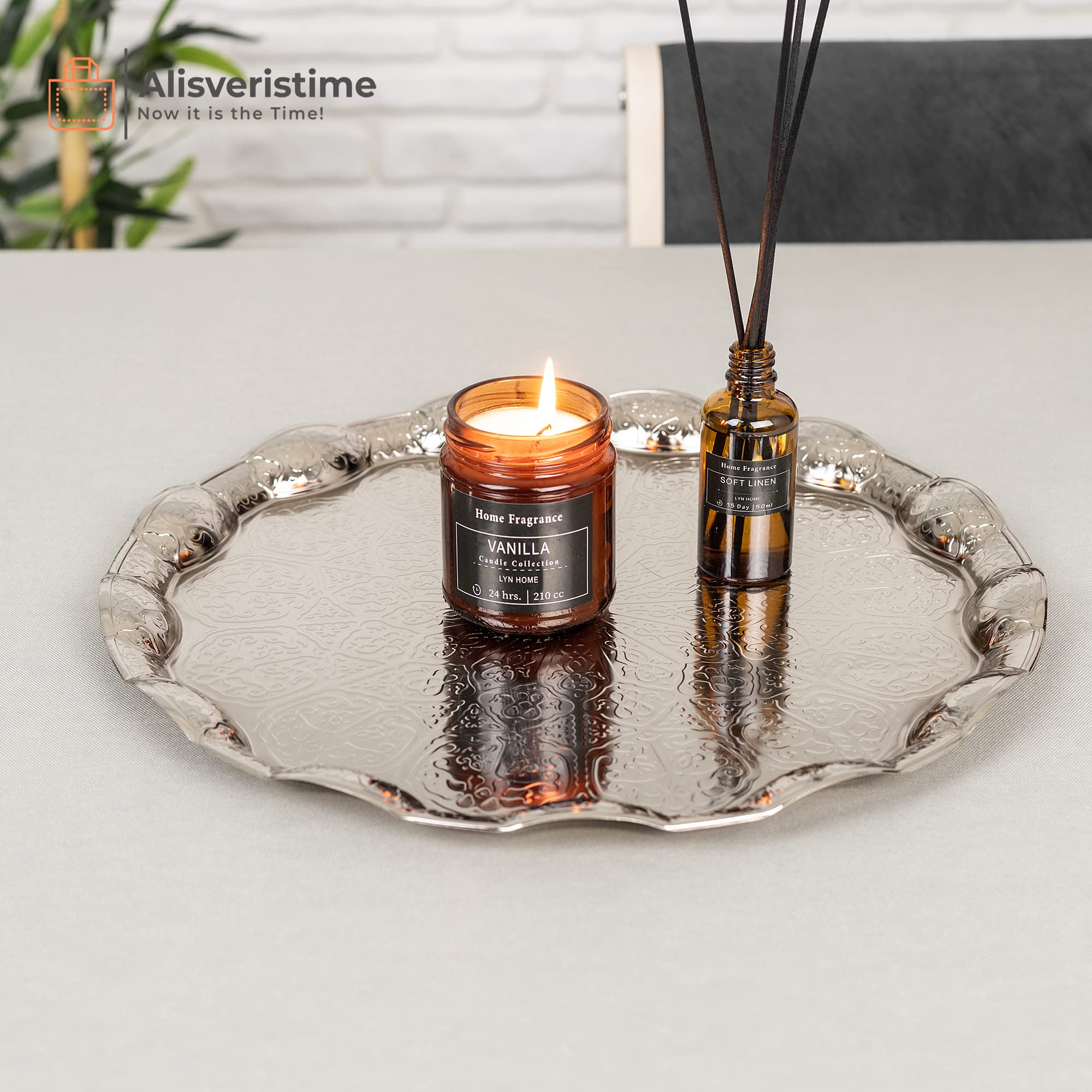 Alisveristime Turkish Ottoman Coffee Tea Serving Tray - 13.60 Inches, Metal With Traditional Motifs, Available In Five Colors (G