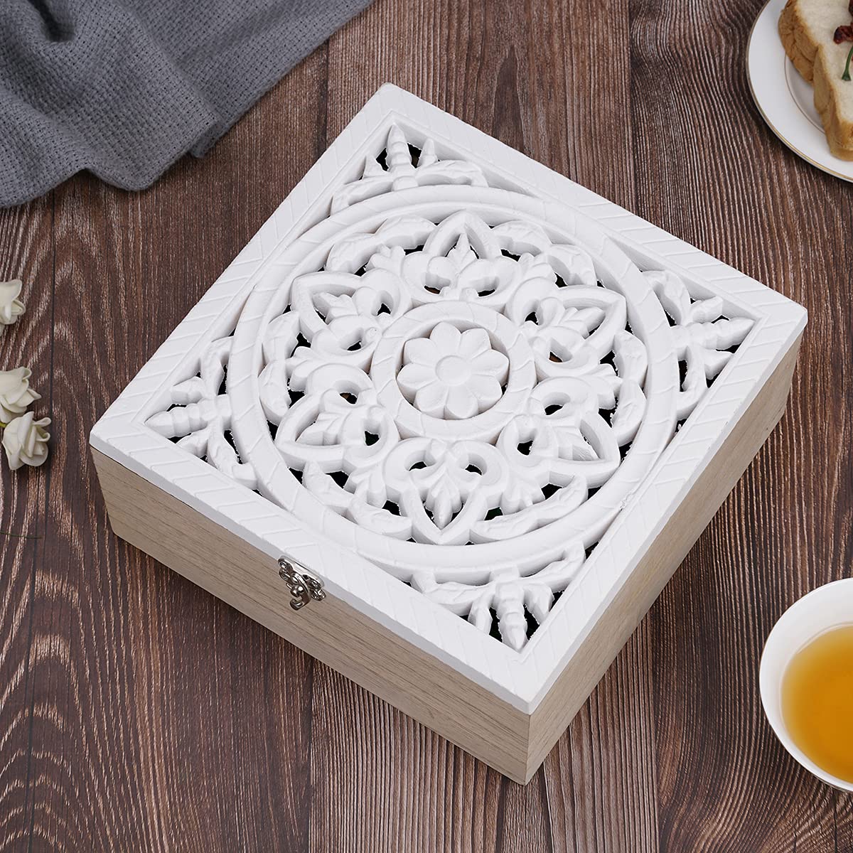Handrong Tea Box Tea Bag Organizer Tea Bag Holder Tea Caddy Wooden Tea Chest With Floral Design, 9 Compartments For Home, Office