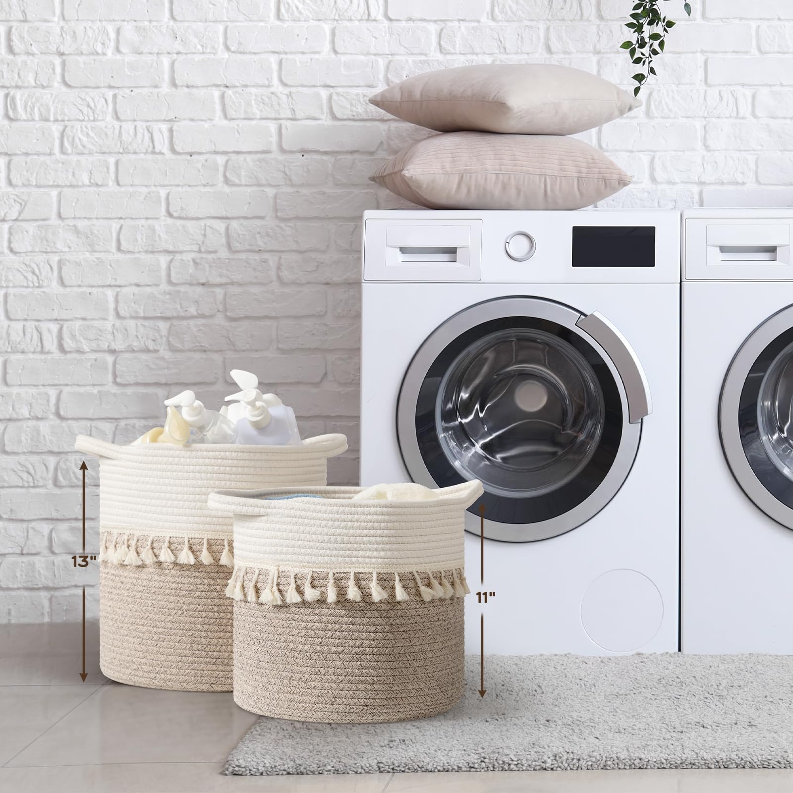 Danpinera 11 Inch Storage Baskets Set Of 3, Cotton Woven Baskets For Storage With Strong Handles & Stylish Tassel, Storage Bins,