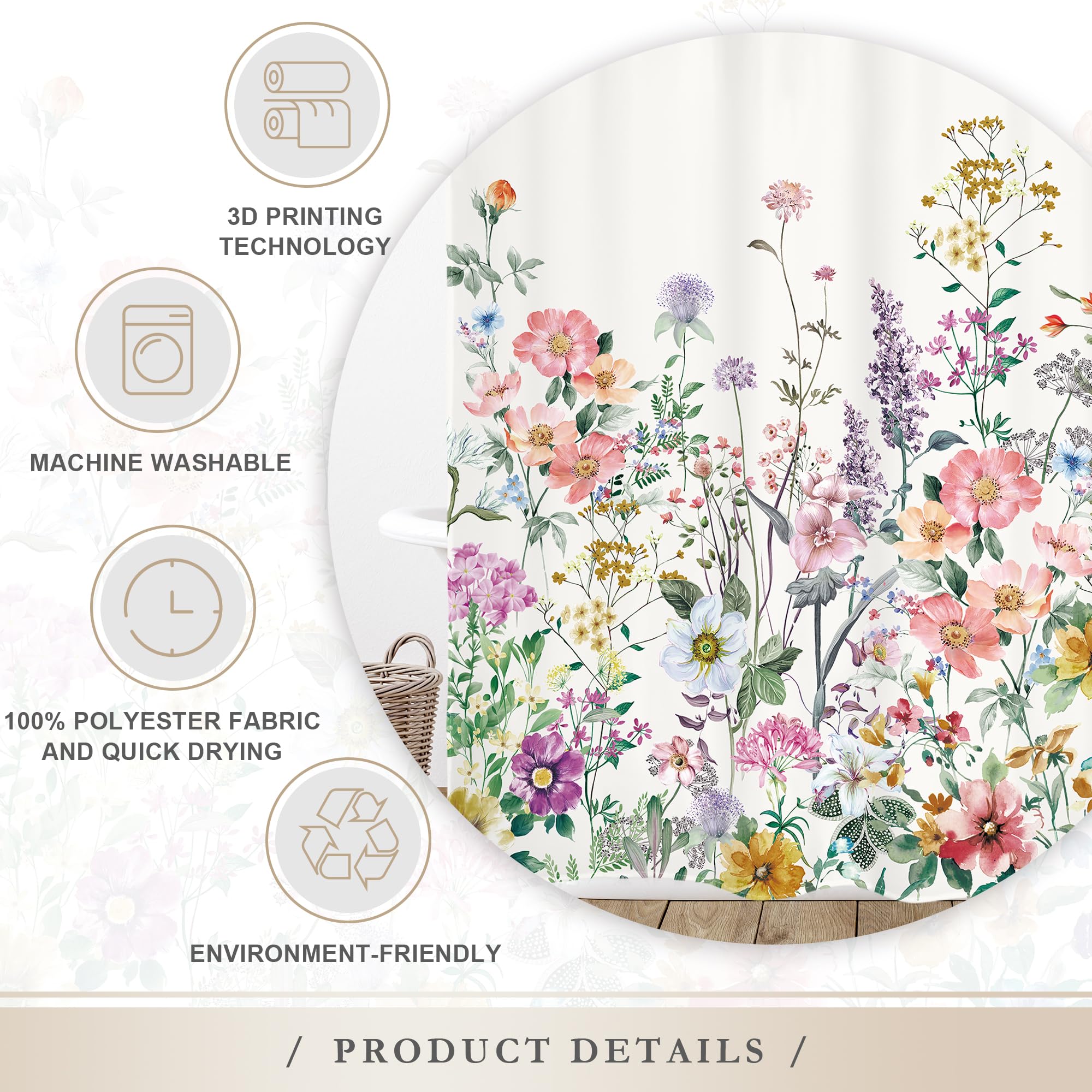 Glawry Spring Cool Wildflowers Shower Curtain 60Wx72L Inches Watercolor Lavender Purple Lilac Floral Green Leaf Botanical Bathro