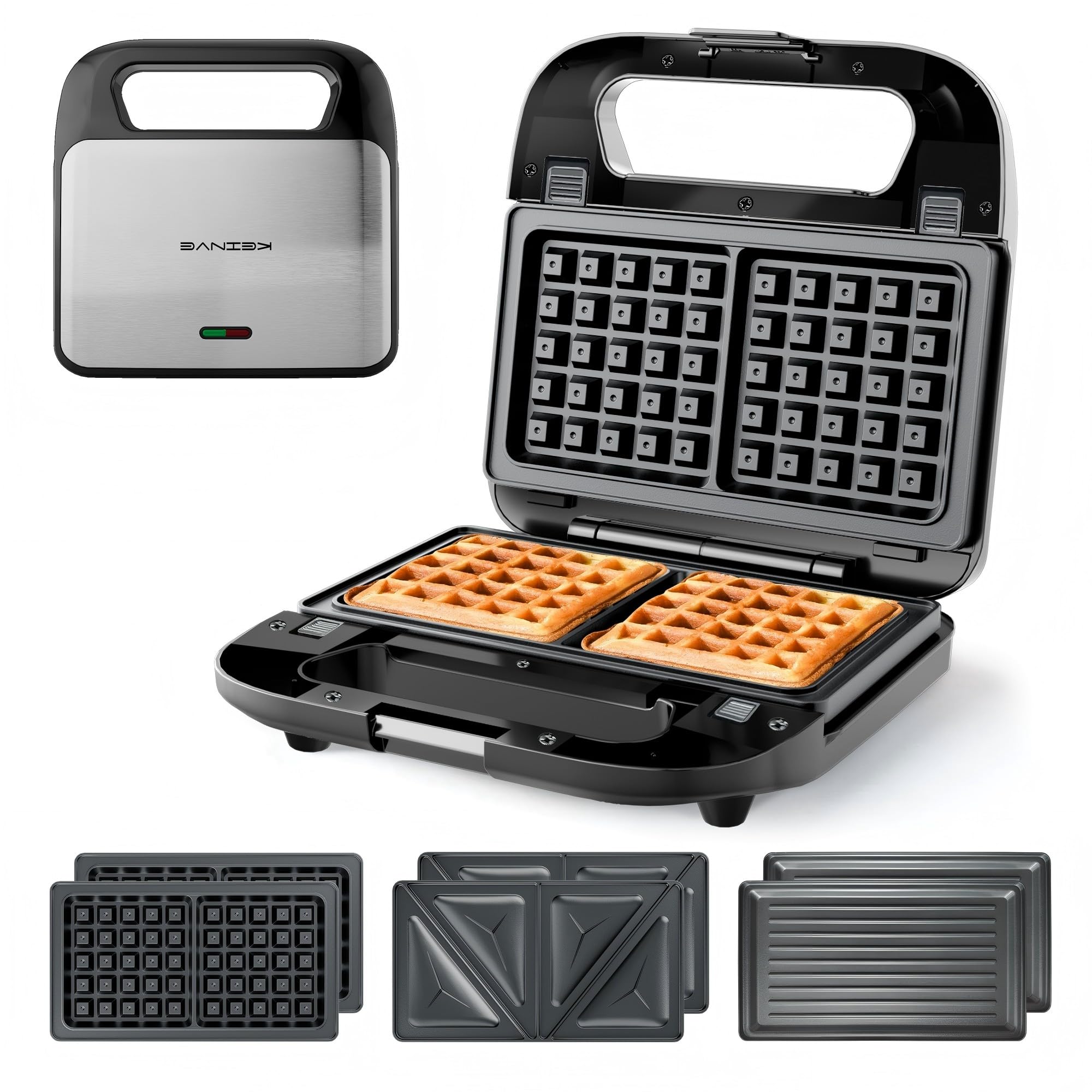 KEINVE 3 in 1 Sandwich Maker & Waffle Maker, Removable Non-Stick Plates, Panini Press, Grilled Cheese Maker, Cool-Touch Handle, 