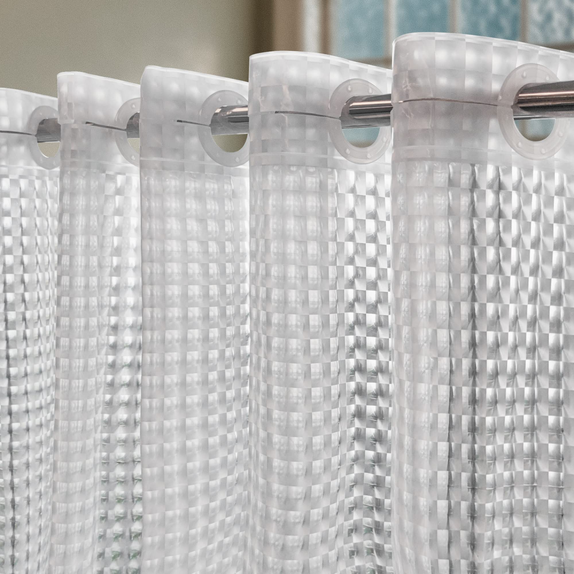 Abluen No Hook Shower Curtain Or Liner - 8G Heavy Duty Grid Bathroom Shower Curtain No Hooks Required, Waterproof Plastic & Pvc