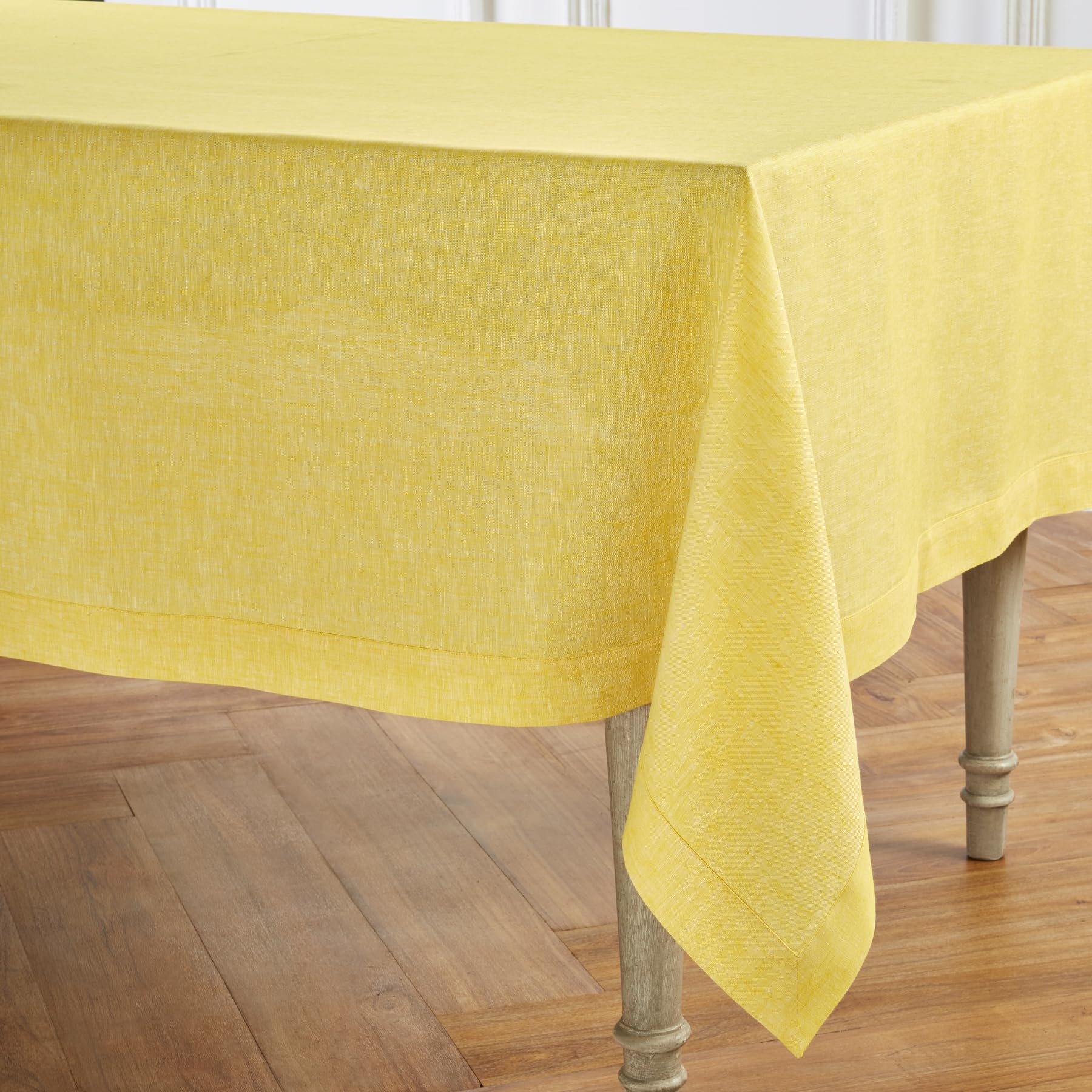 Solino Home Linen Tablecloth 90'' L X 60'' W Inch - 100% Pure Linen Chambray Lemon Yellow Table Cloth For Rectangle Tables - Ath