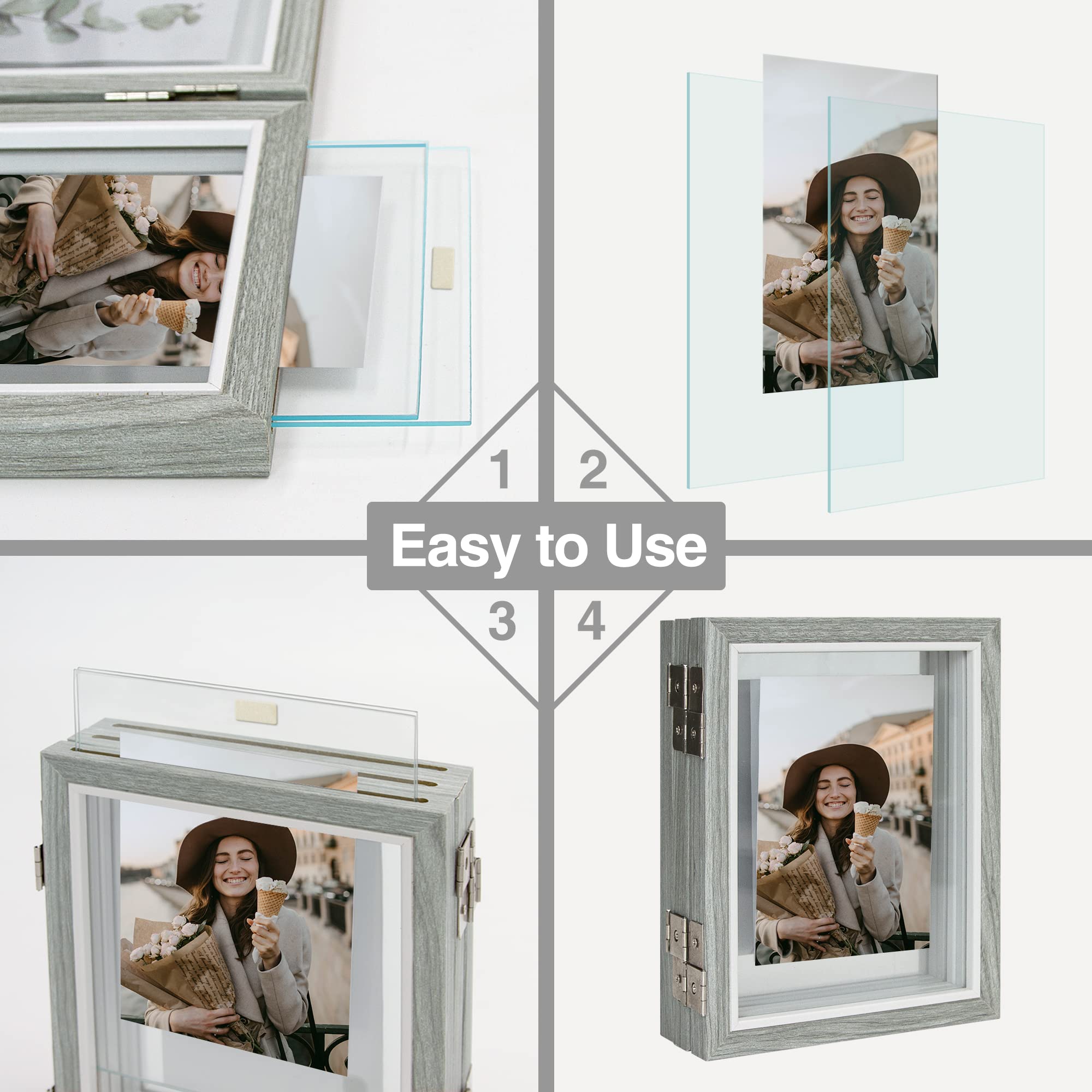 Afuly 7x5 Photo Frames Collage for Wall Multiple Picture Frames fit 6x4, 5x3, 3x3.5 Photo Grey Floating Frame with Double Sided