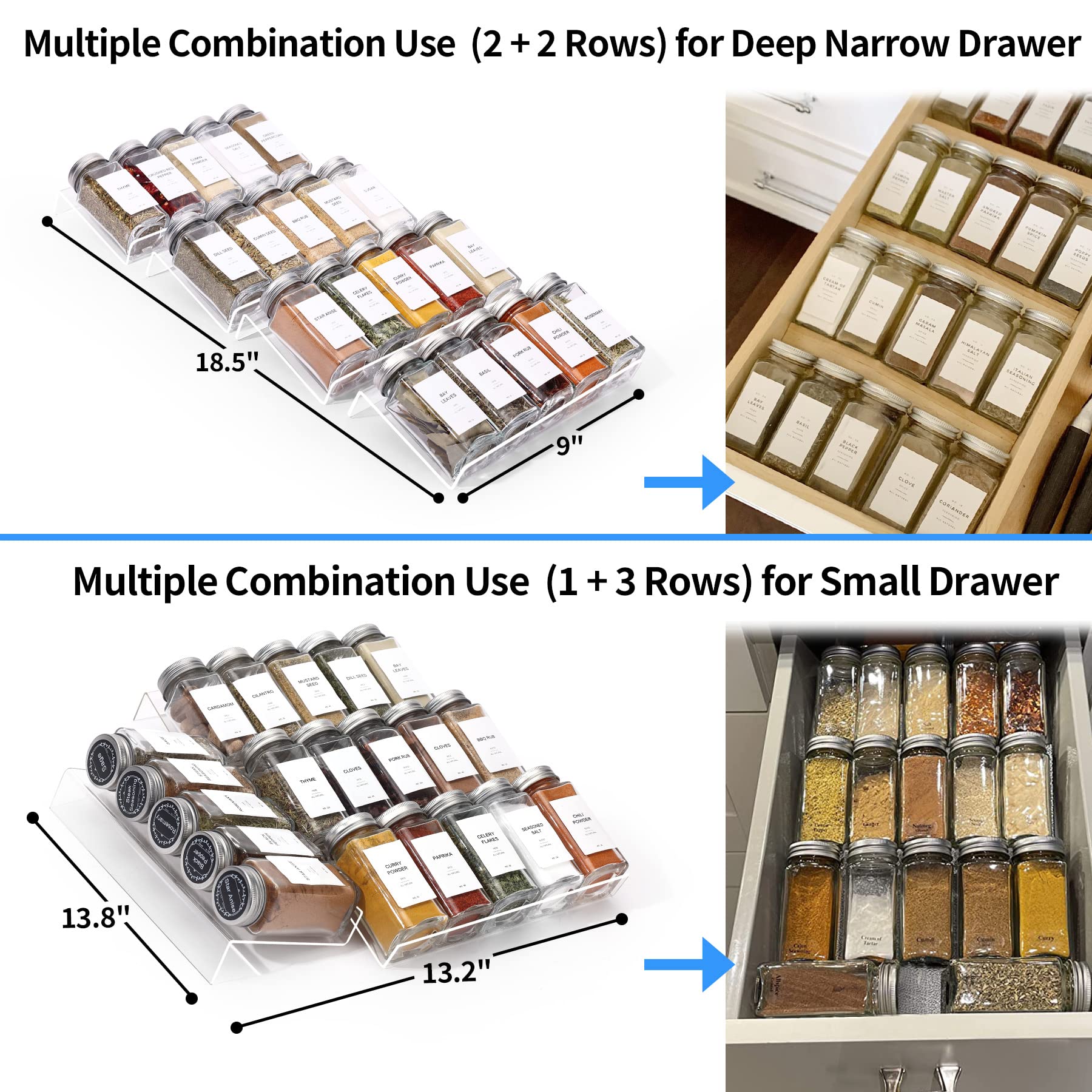 Clear Acrylic Spice Drawer Organizer, 4 Tier- 1 Set Seasoning Jars Drawers Insert, Kitchen Spice Rack Tray for Drawer/Countertop