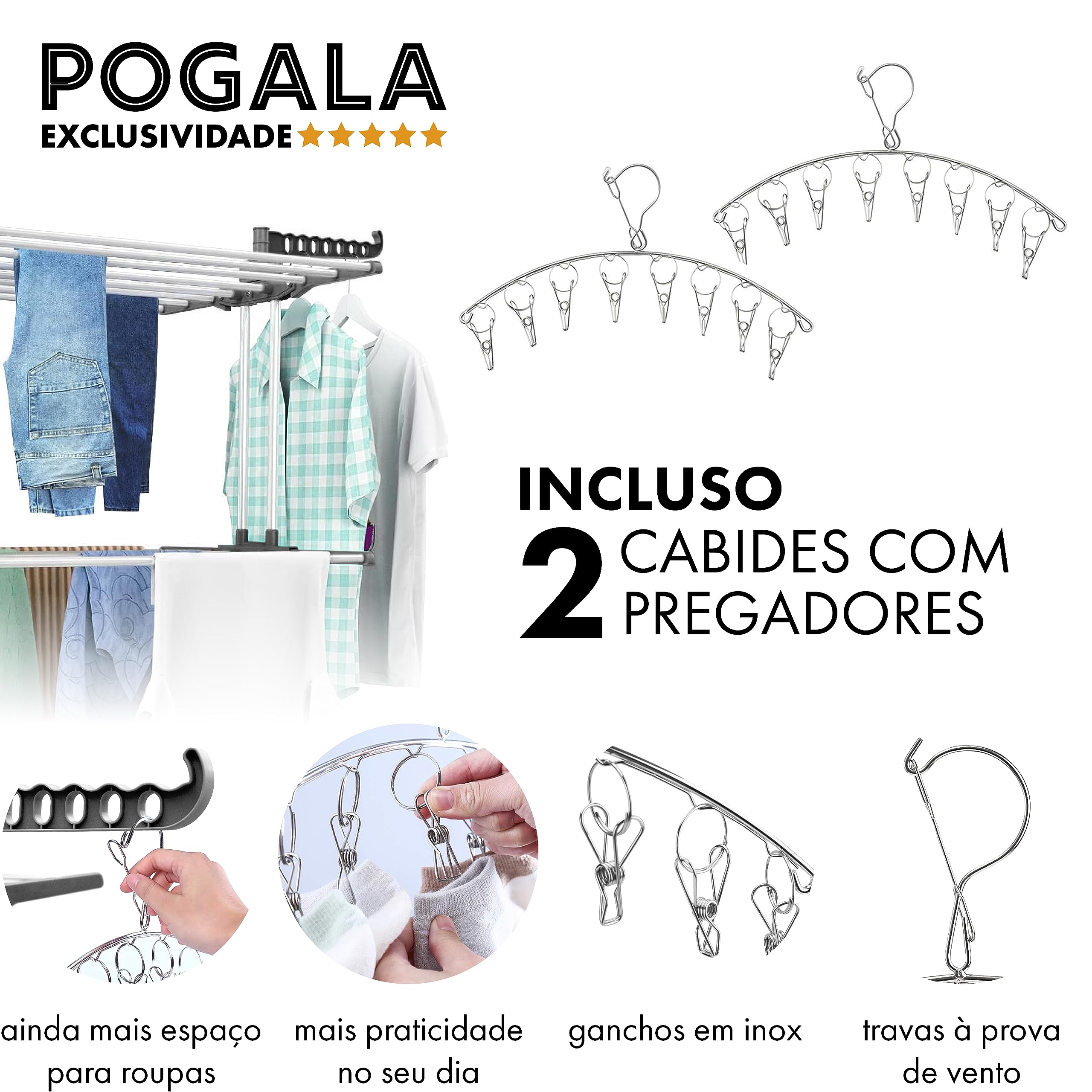 Pogala  Clothes Drying Rack  Laundry Drying Rack  with Foldable Wings  Space Saving Laundry Rack  Laundry Hanger Dryer Rack  Includes 2 Packs of Stainless Hangers for Underwear (White)