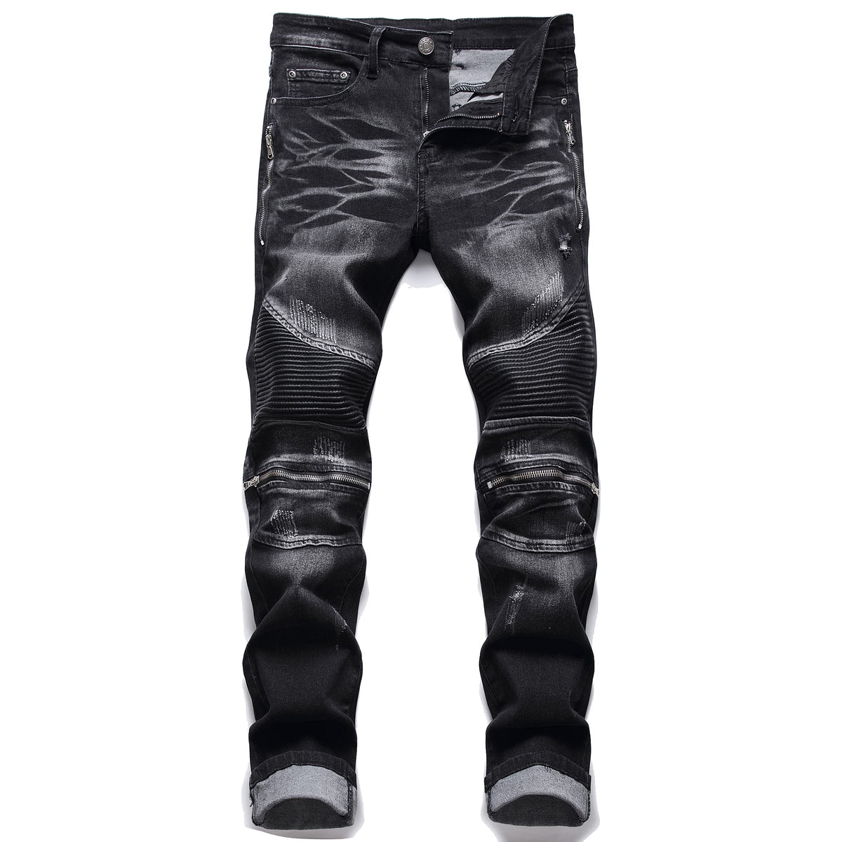 Aititia Mens Biker Zipper Deco Washed Straight Fit Jeans (28, 005 Black)