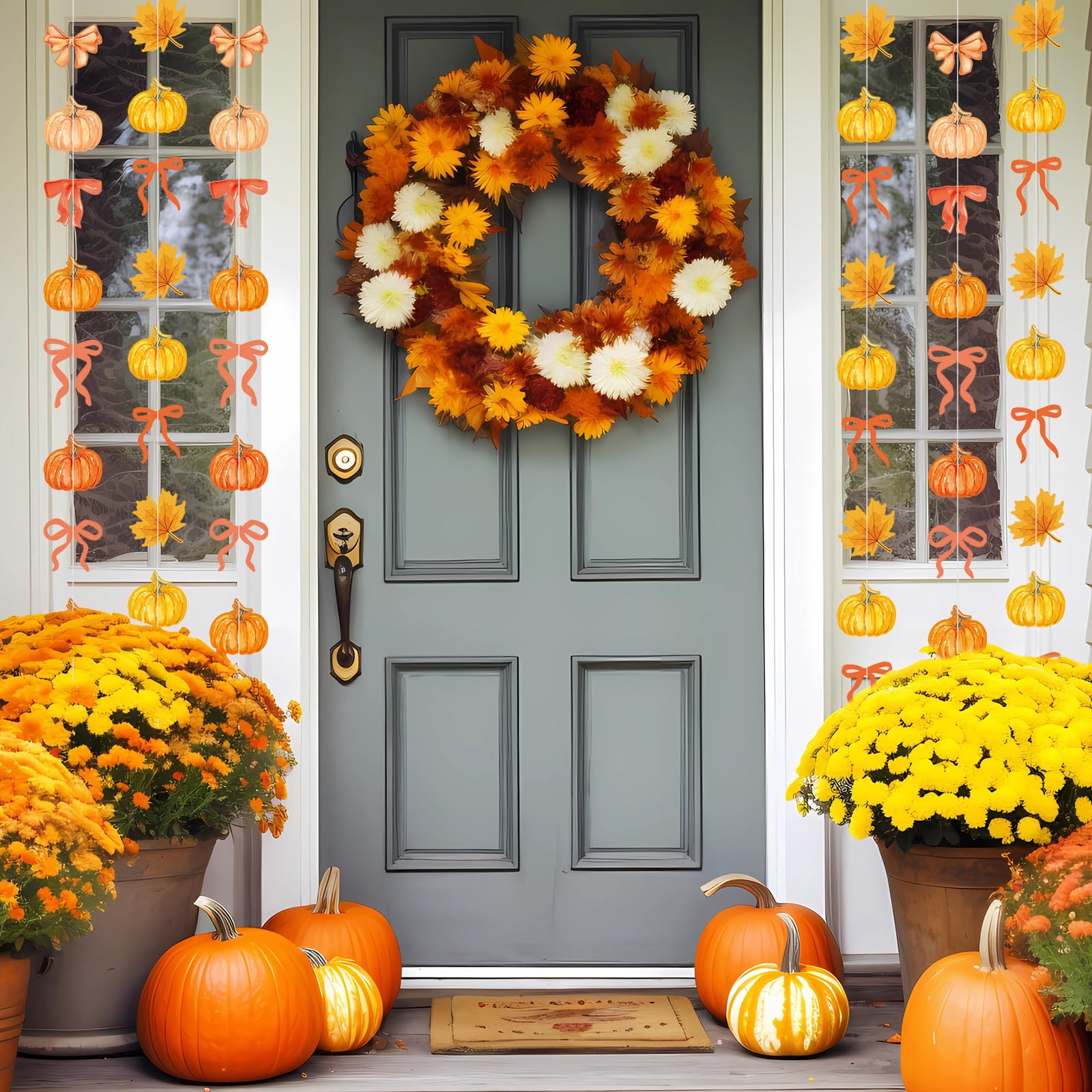 TaoBary 8 Pack Fall Decor Fall Pumpkin Garland 6.56 ft Orange Pumpkin Paper Bow Hanging Banner for Thanksgiving Autumn Harvest B